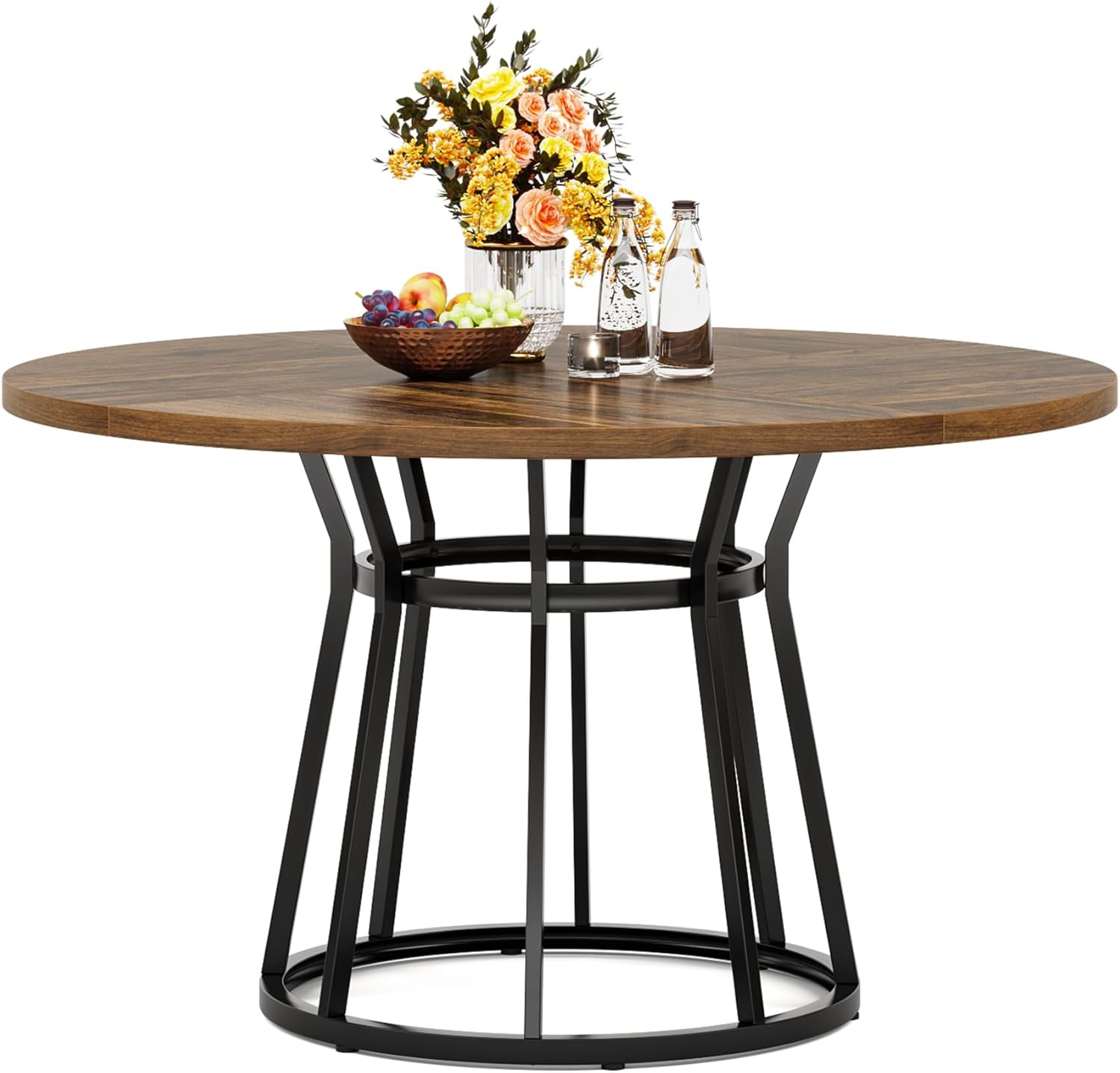 Tribesigns Tavolo da pranzo rotondo per 4 persone, 120*120*75cm, tavolo da pranzo rotondo con base in metallo, Brown - 7