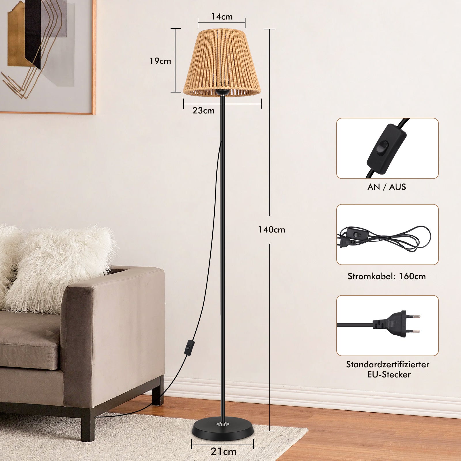 LOVHAUS Lampa Podłogowa Z Abażurem Z Plecionego Rotangu Z Włącznikiem/ Wyłącznikiem - 22 x 140CM - 4