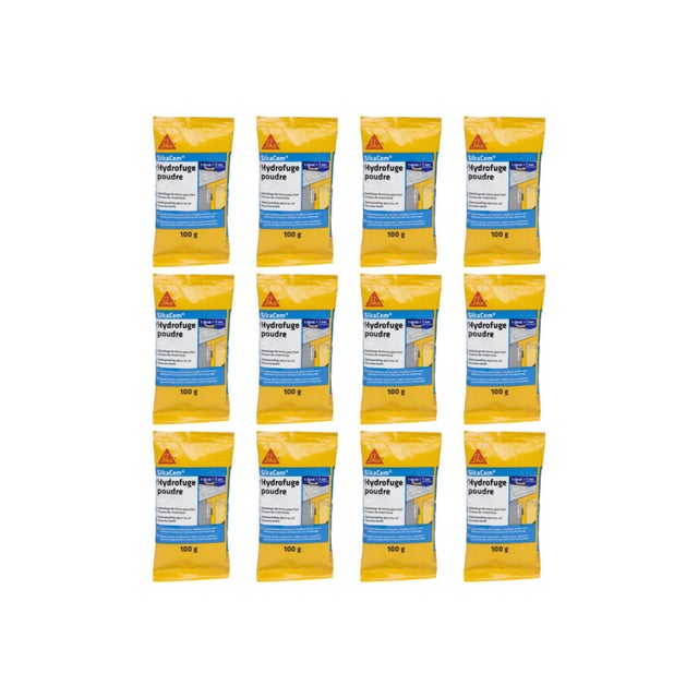 Lot de 12 additifs imperméabilisants béton et mortier SIKA SikaCem Hydrofuge Poudre - 100g