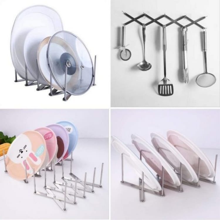 Set de 2 égouttoirs multifonctions rétractables en acier inoxydable pour bols, assiettes et vaisselle, et un égouttoir pour couvercles de cuisine. - 6