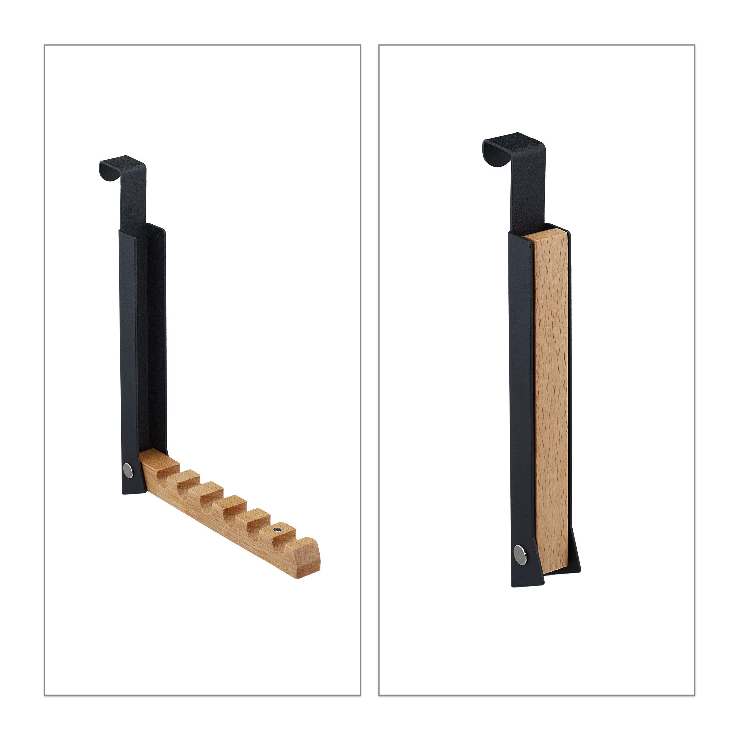 Appendiabiti da Porta Pieghevole, 6 Ganci, da Appendere, per Porte Spesse 2 cm, in Metallo e Legno, Nero, Relaxdays - 9