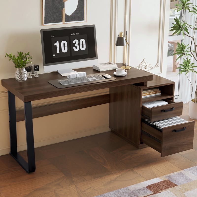 Biurko z 2 szufladami i 1 przegrodą - 161 x 54 x 76,3 cm - MDF i rura stalowa - Brązowe