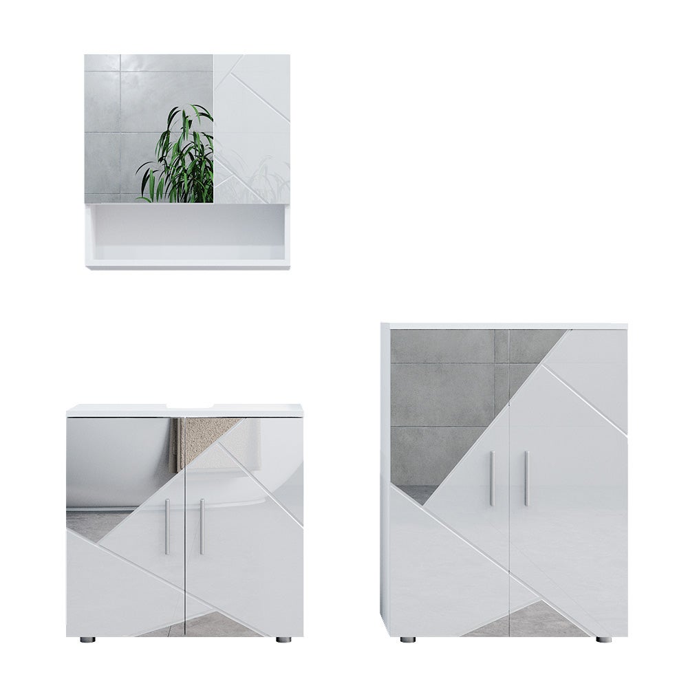 Vicco Zestaw mebli łazienkowych Irma, Biały wysoki połysk z wkładkami, 3 części, z szafką dolną 60 cm