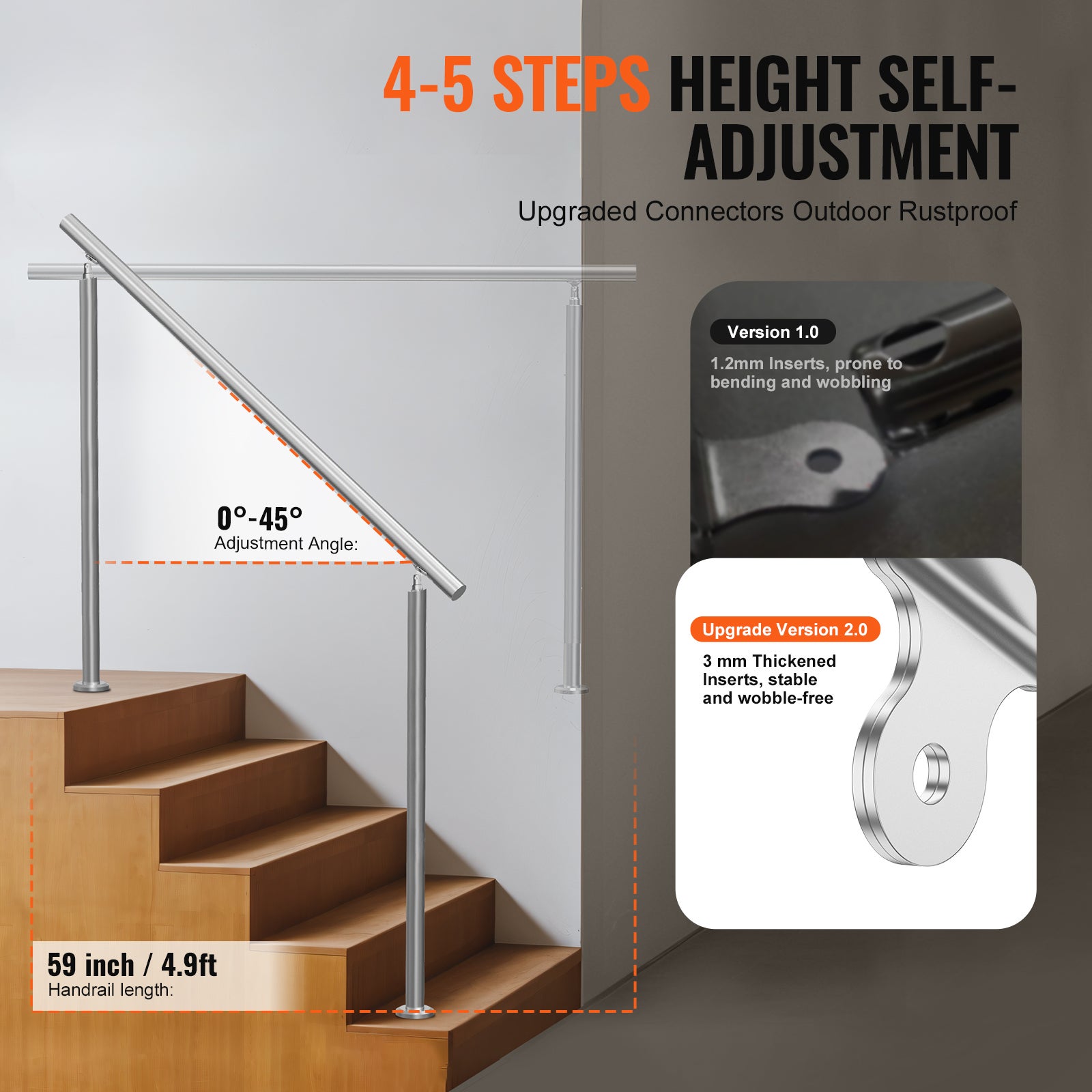 Rampe d'escalier extérieure,VEVOR ensemble de rampe d'escalier de 150 cm long avec kit montage,en acier inoxydable,adapté aux porches et terrasses - 3