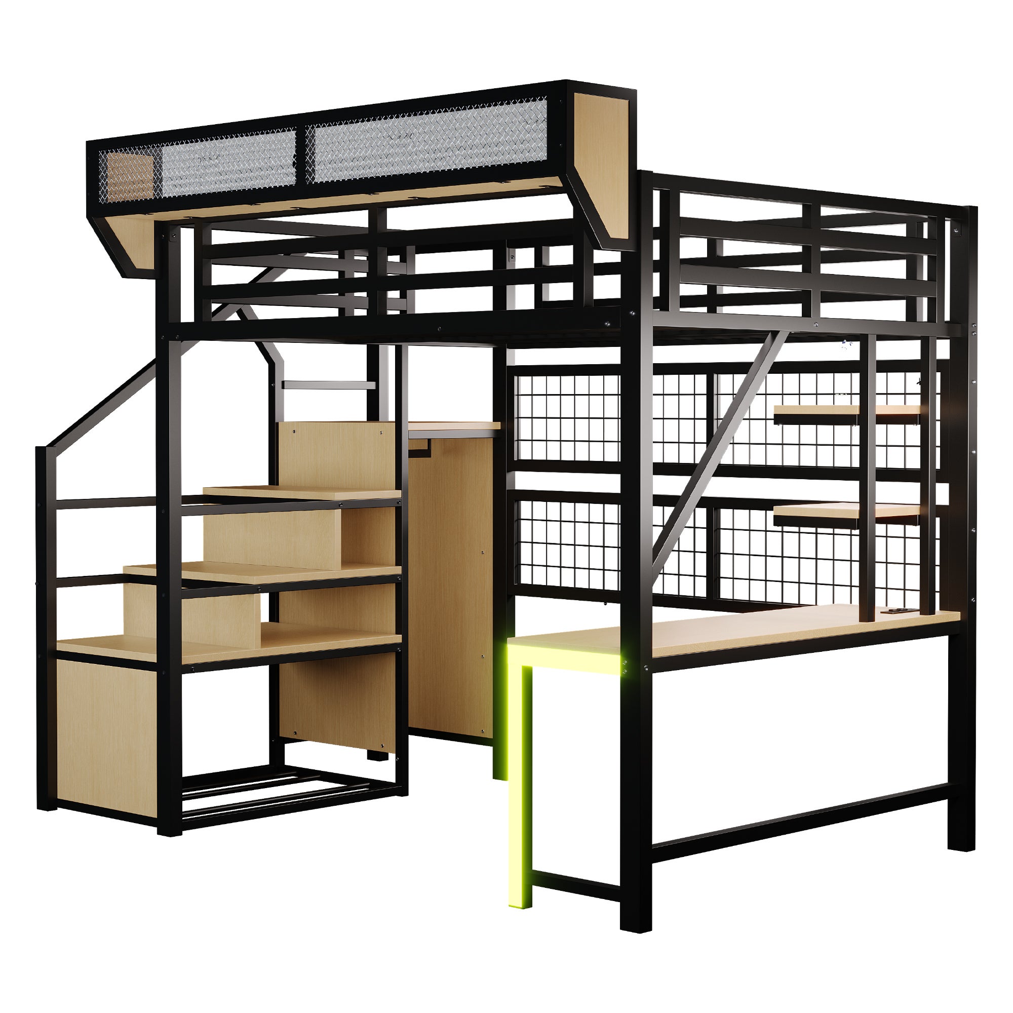 Lit Mezzanine en Métal 140x200 cm avec Bureau, Armoire et Échelle de Rangement, Lit superposé avec LED et Prises, Lit enfant Noir, Sans matelas - 7