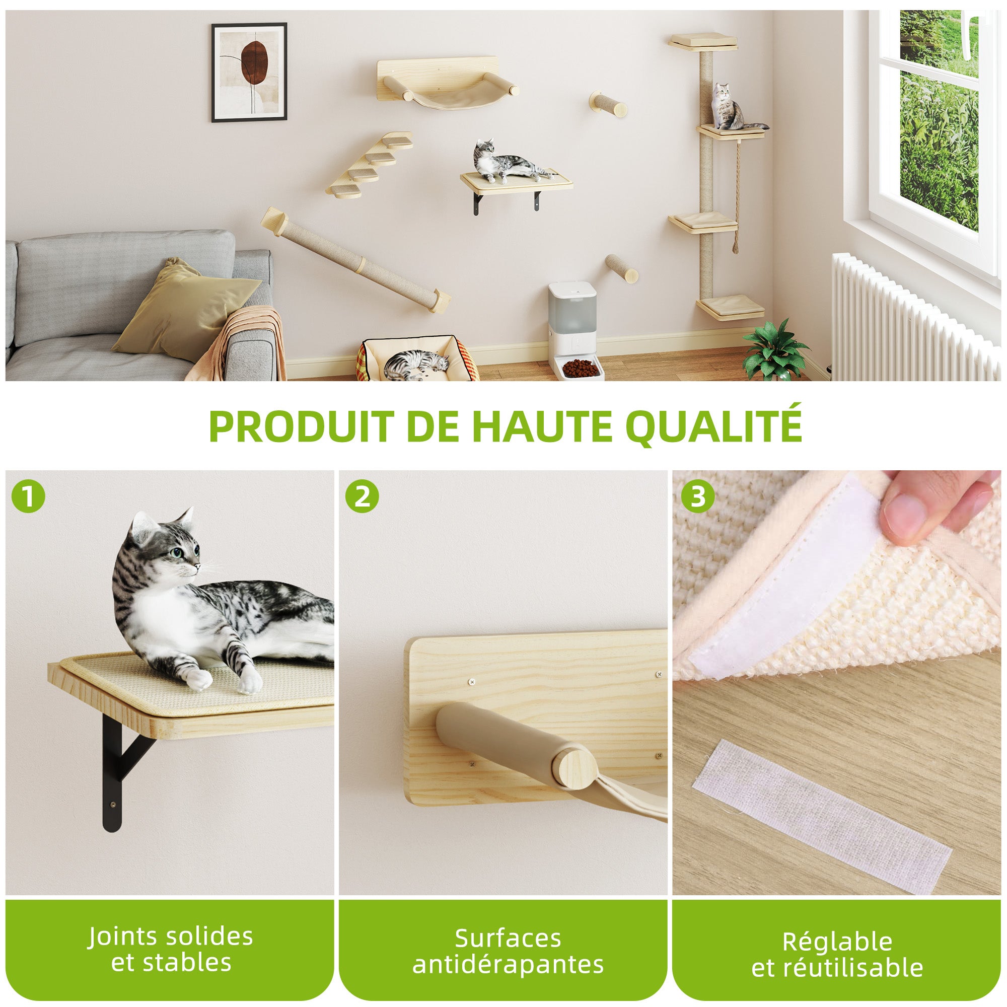 Balconera Ensemble de murs d'escalade pour chat 7 pièces, arbre à chat avec 3 griffoirs et 4 marches, montage mural, beige - 5