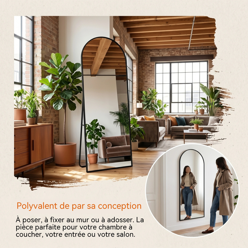 KEFSR Miroir sur Pied Arqué 162 x 53cm,Miroir Mural avec Support,Cadre en Alliage d’Aluminium,Verre Trempé,Grand Miroir pour Chambre,Salon(Noir) - 4