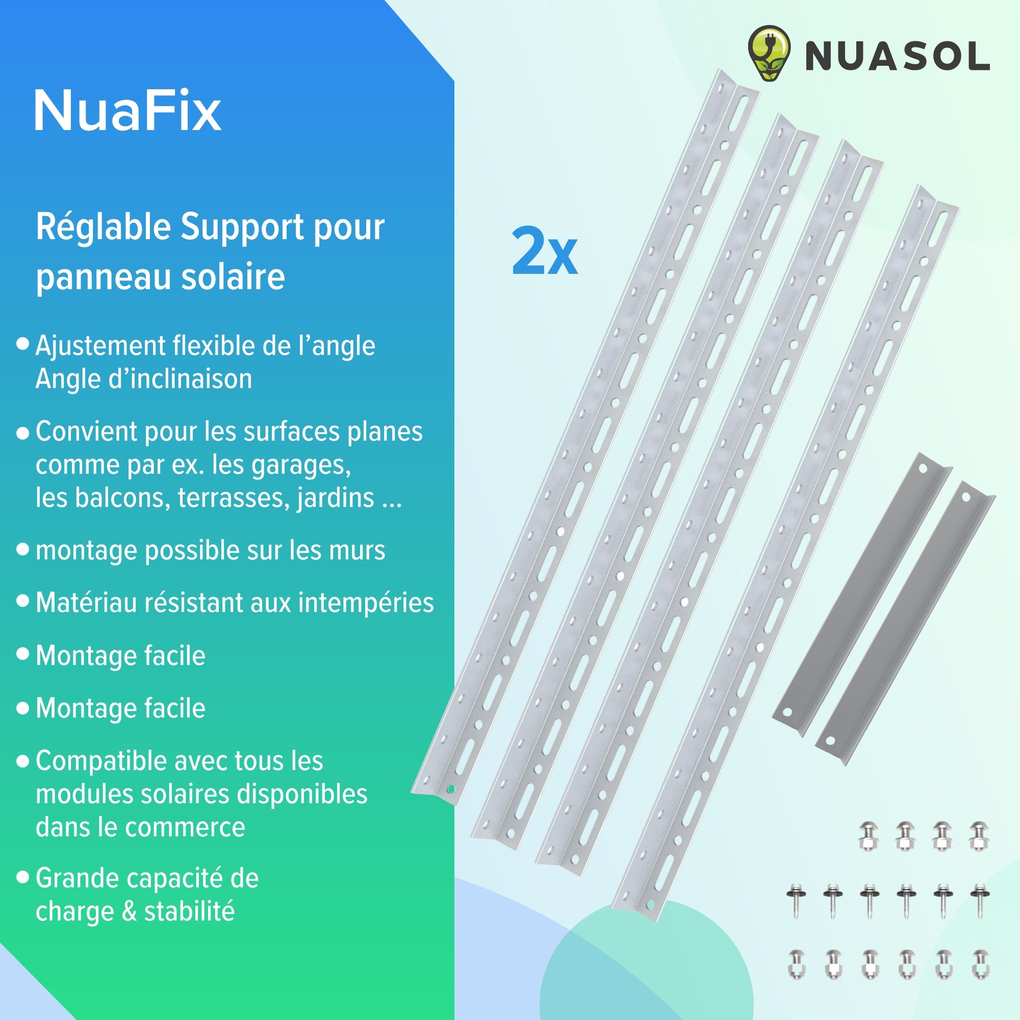 NUASOL Support pour panneau solaire jusqu'à 72 cm - Toit plat PV - Réglable de 0 à 90 ° - Lot de 4 - Aluminium - Matériel de montage - 3