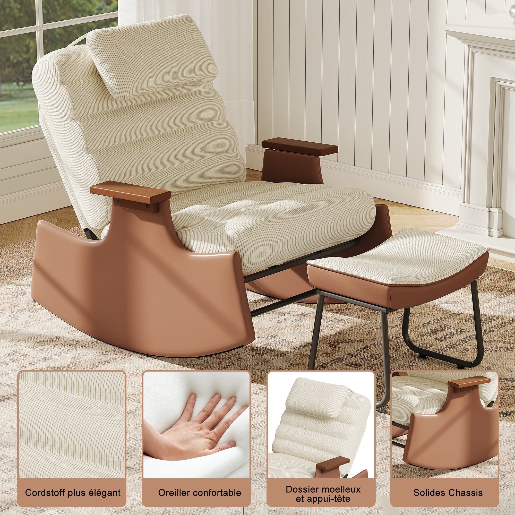 Fauteuil a Bascule avec Repose Pieds, Chaise a Bascule Allaitement Réglable 3 Positions Rocking Chair Intérieur Extérieur avec Coussin, Velours Côtelé - 4