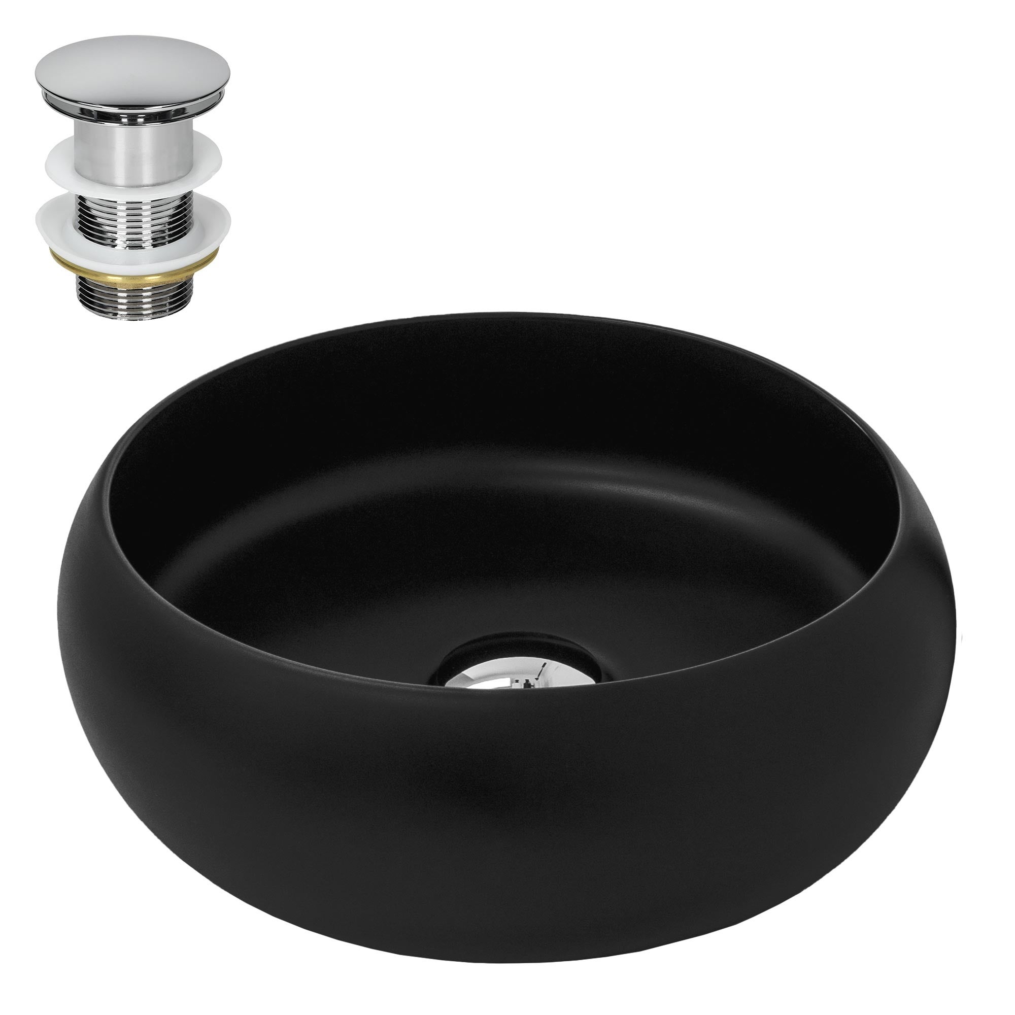 Lavoar de baie LuxeBath, Ø 35x12 cm, din ceramica, cu ventil de pop-up cromat, fara orificiu pentru baterie, chiuvetă cu montare pe blat, negru mat
