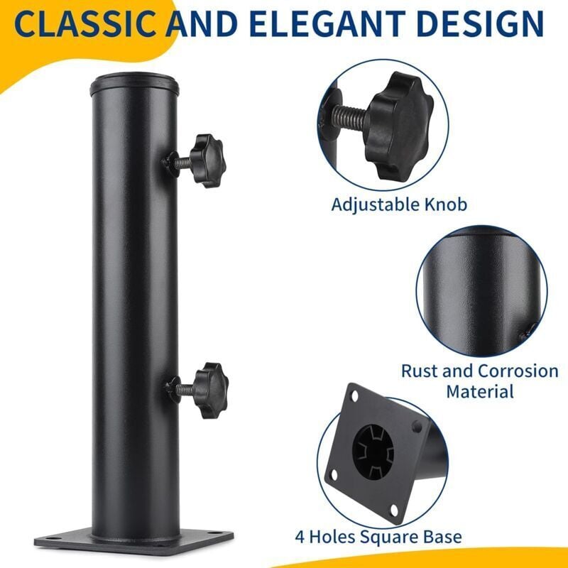 Pied Parasol, Tube de Parasol, Support Parasol Metal Réglable avec 3 Anneaux de Réduction en PVC (32/38/48mm), Tube pour Pied de Parasol en Acier - 3