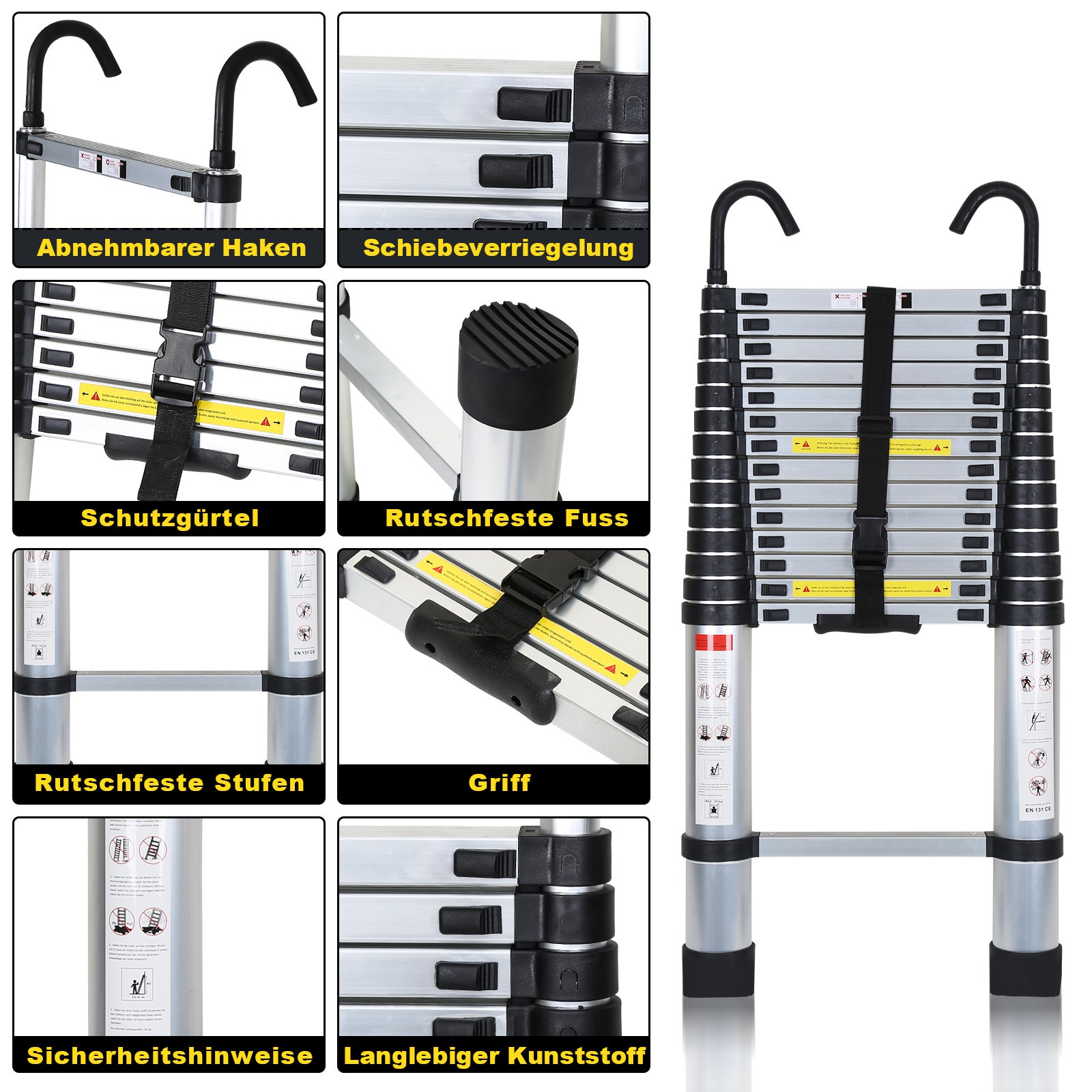 Echelle Télescopique Avec Crochet Escabeau Aluminium Argent 3.2m - 3