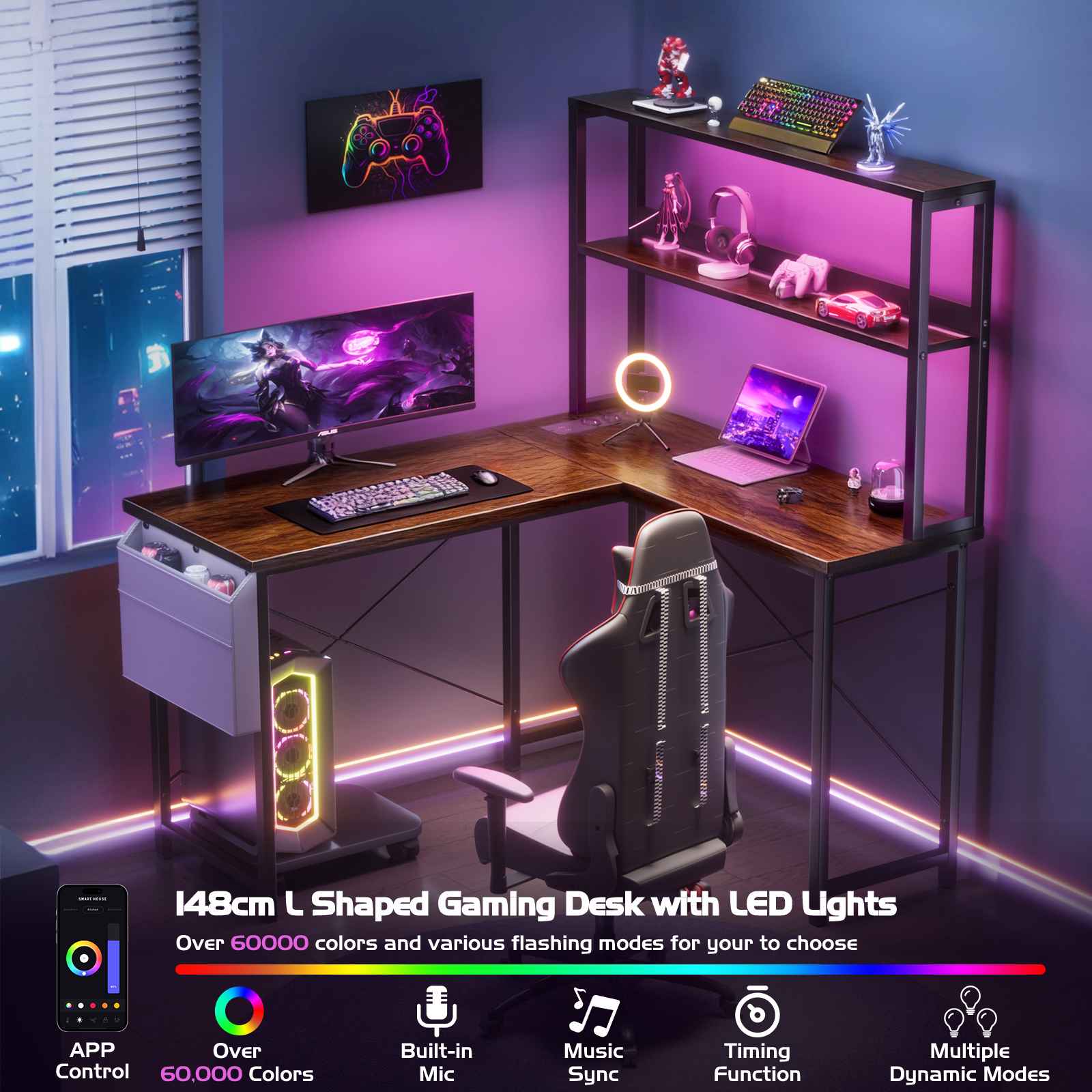 Bureau Gaming L-Forme 148cm avec LED, 3 Prises AC + 2 Ports USB, Étagères à Double Niveau, Réversible - 8