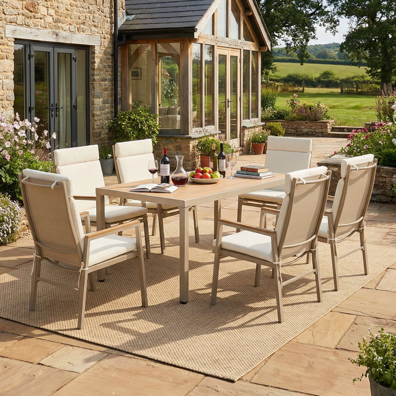 Conjunto de muebles de jardín para 6 personas con mesa de comedor rectangular y 6 sillas - 159 x 90 x 74,5 cm - Acero galvanizado y poliéster - Beige - 2