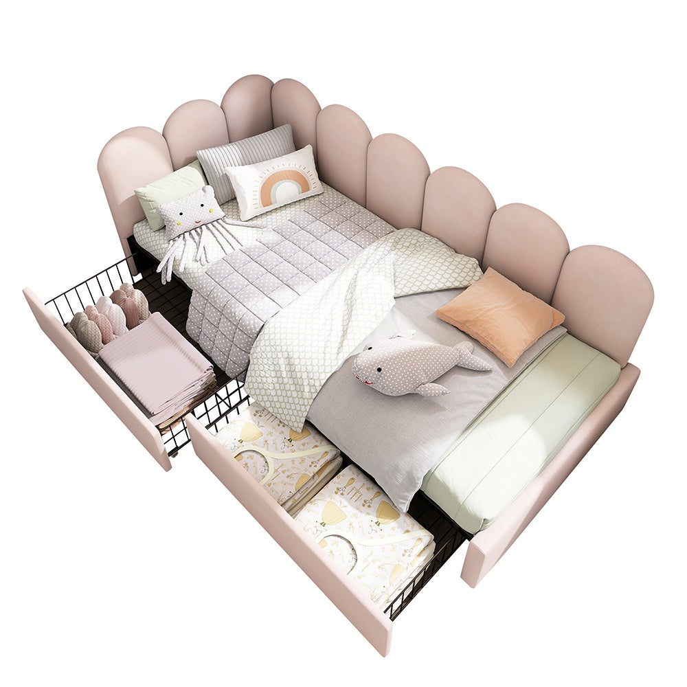 Pojedyncze łóżko z szufladami Aksamitne łóżko do przechowywania Łóżko dzienne Sofa-łóżko 90x200cm z listwową podstawą - Różowy (bez materaca)