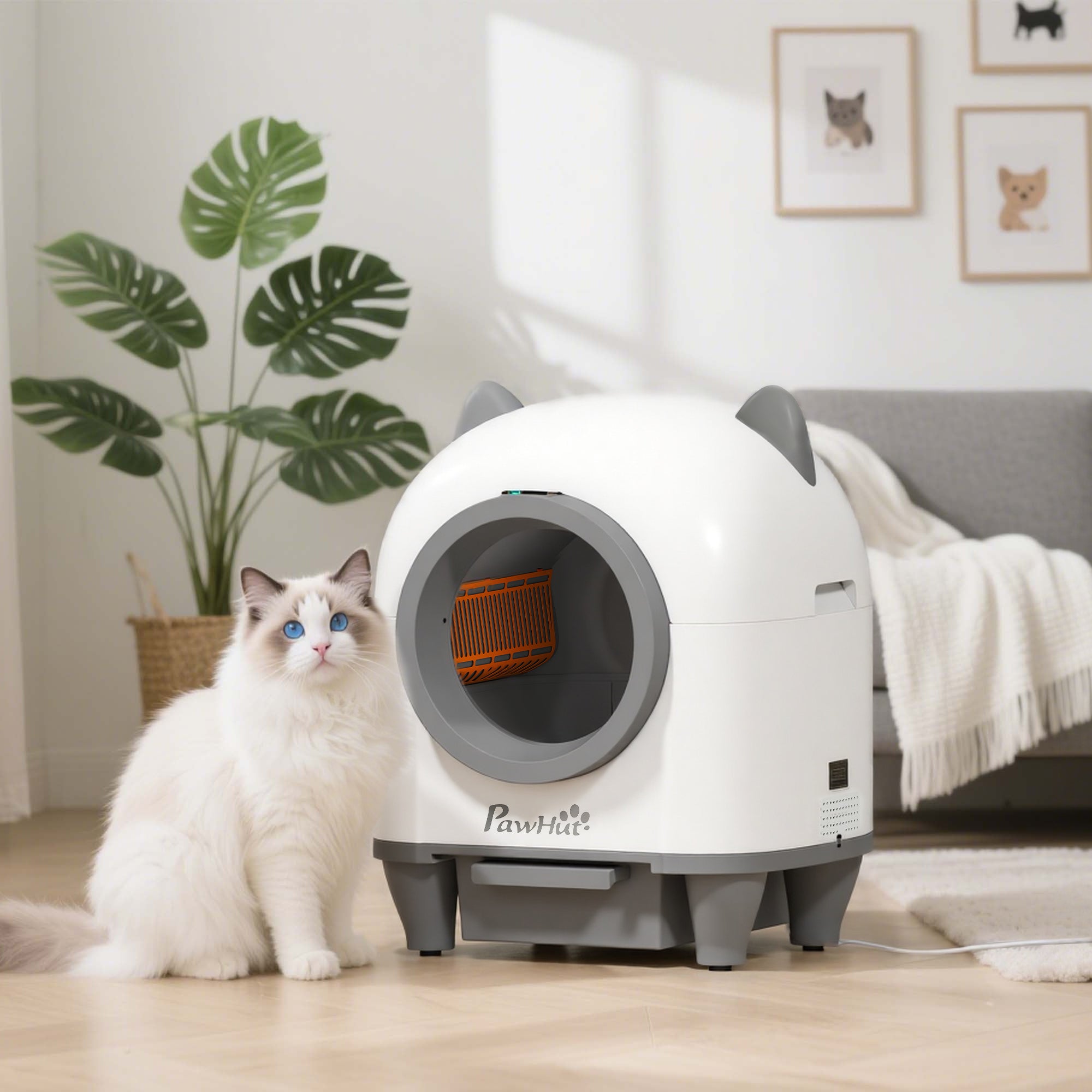 Bandeja areia gato autolimpante 80L automática controlo app anti-belisco 55.5x51x60cm branco - 3