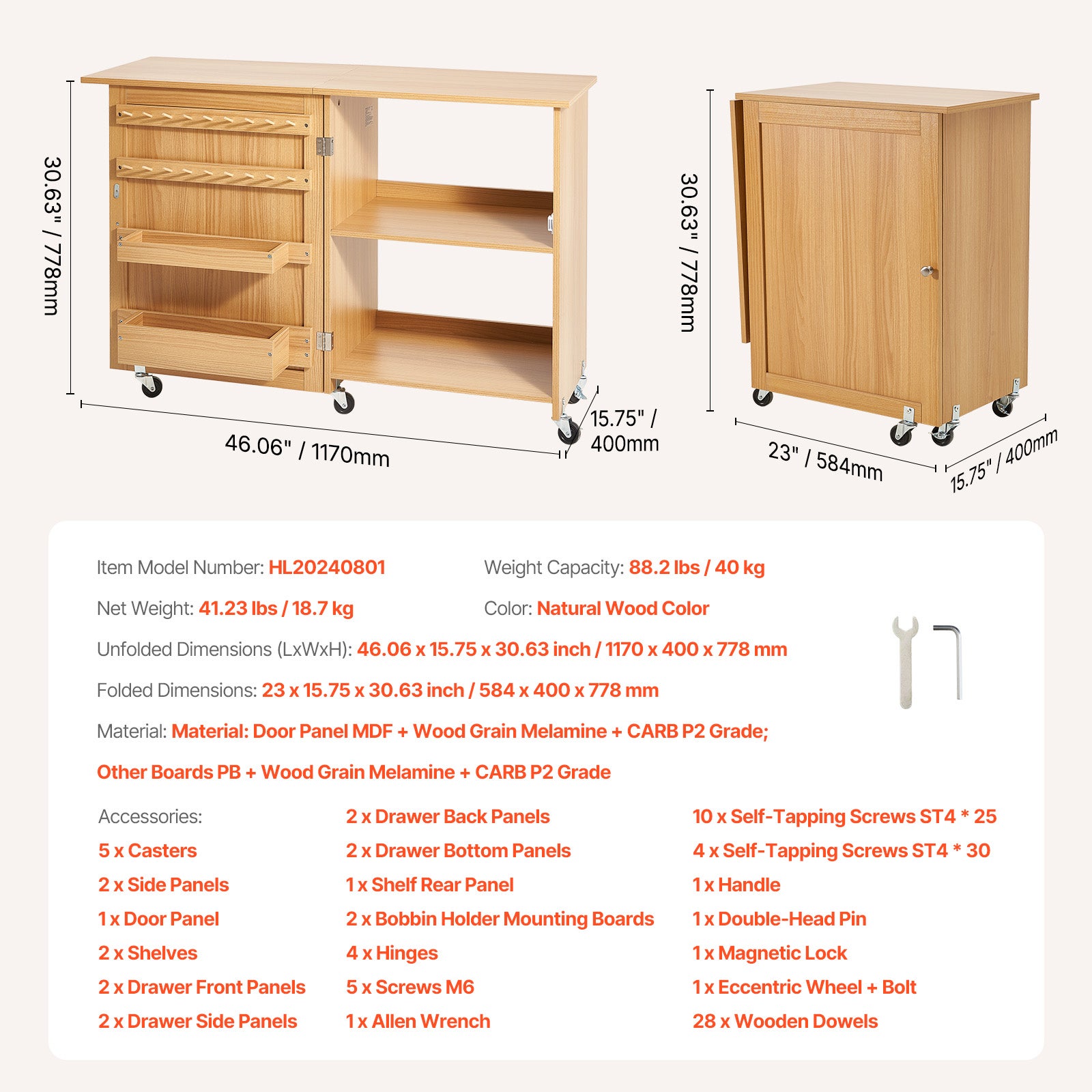 Mesa de Costura Plegable,VEVOR Multiusos para Máquina de Coser,Diseño Compacto,Ruedas,Estantes,Bandejas,Color Madera Natural - 7