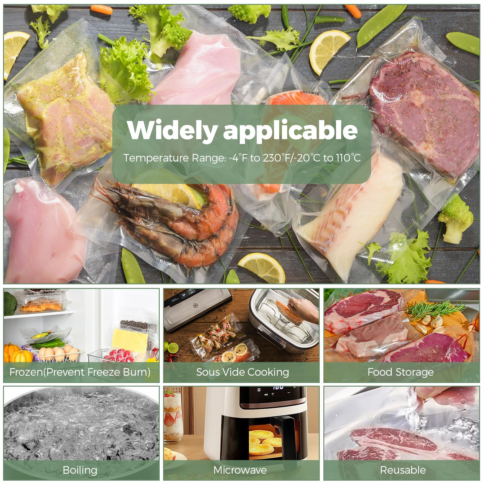 Buste sottovuoto per alimenti, 6 Pack, Rullo sottovuoto per alimenti, per la conservazione e la cottura degli alimenti, senza BPA (28/25/20 x 300 cm) - 3