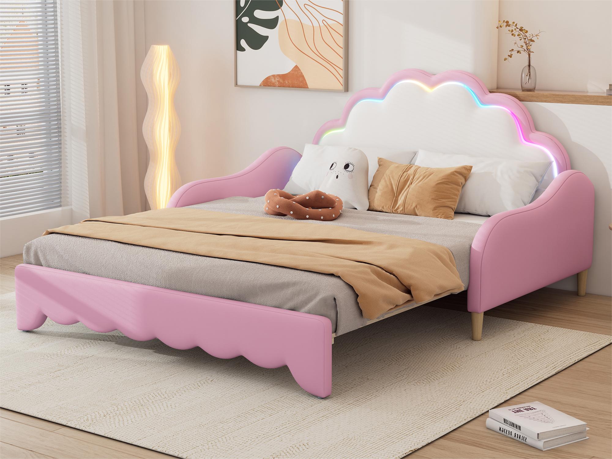 Wysuwane łóżko dziecięce z imitacji skóry - 140x200 cm - z diodą LED i pilotem - różowe (materac nie wchodzi w skład zestawu)