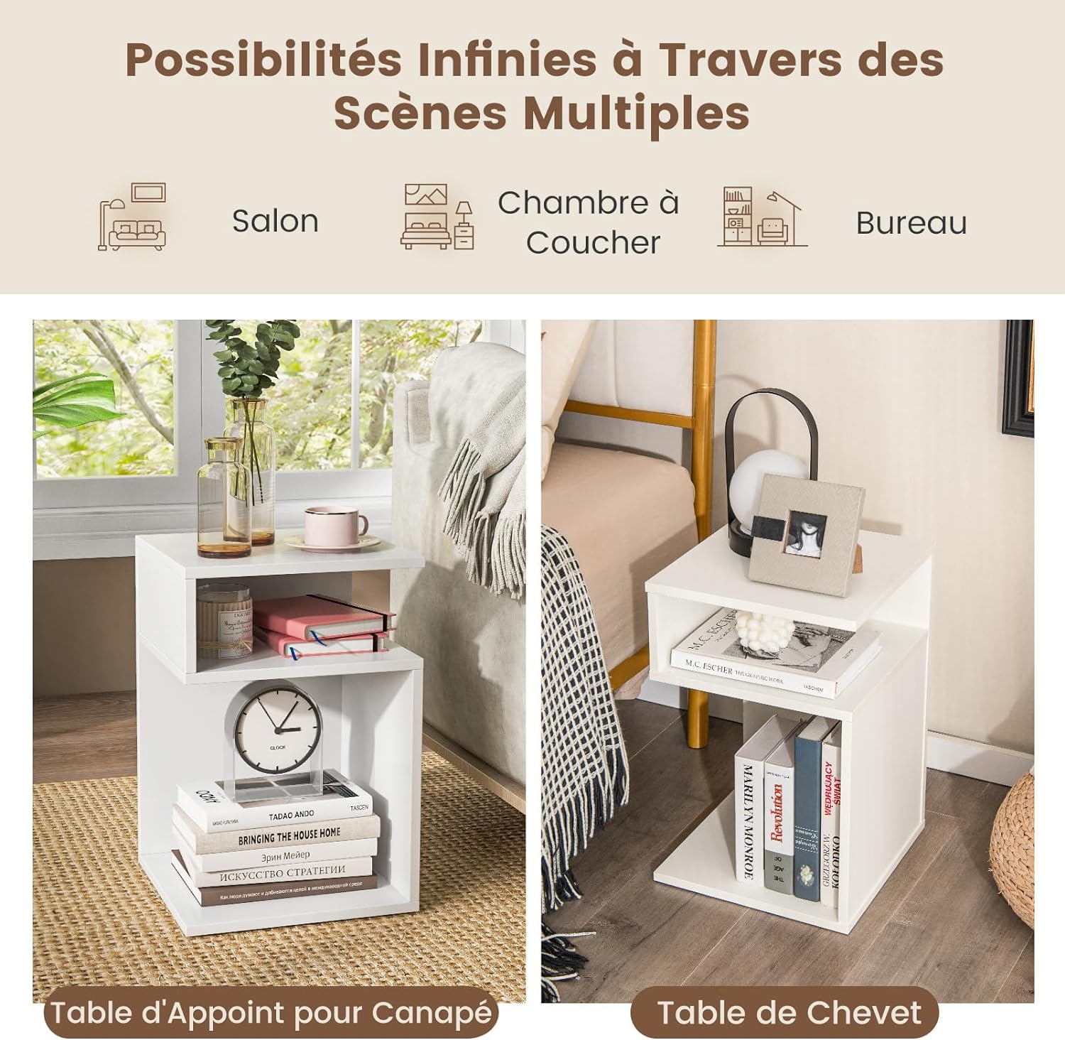 Table d’Appoint, Bout de Canapé de Salon en Forme ‘S’ avec 2 Casiers Ouverts, Chambre - 2