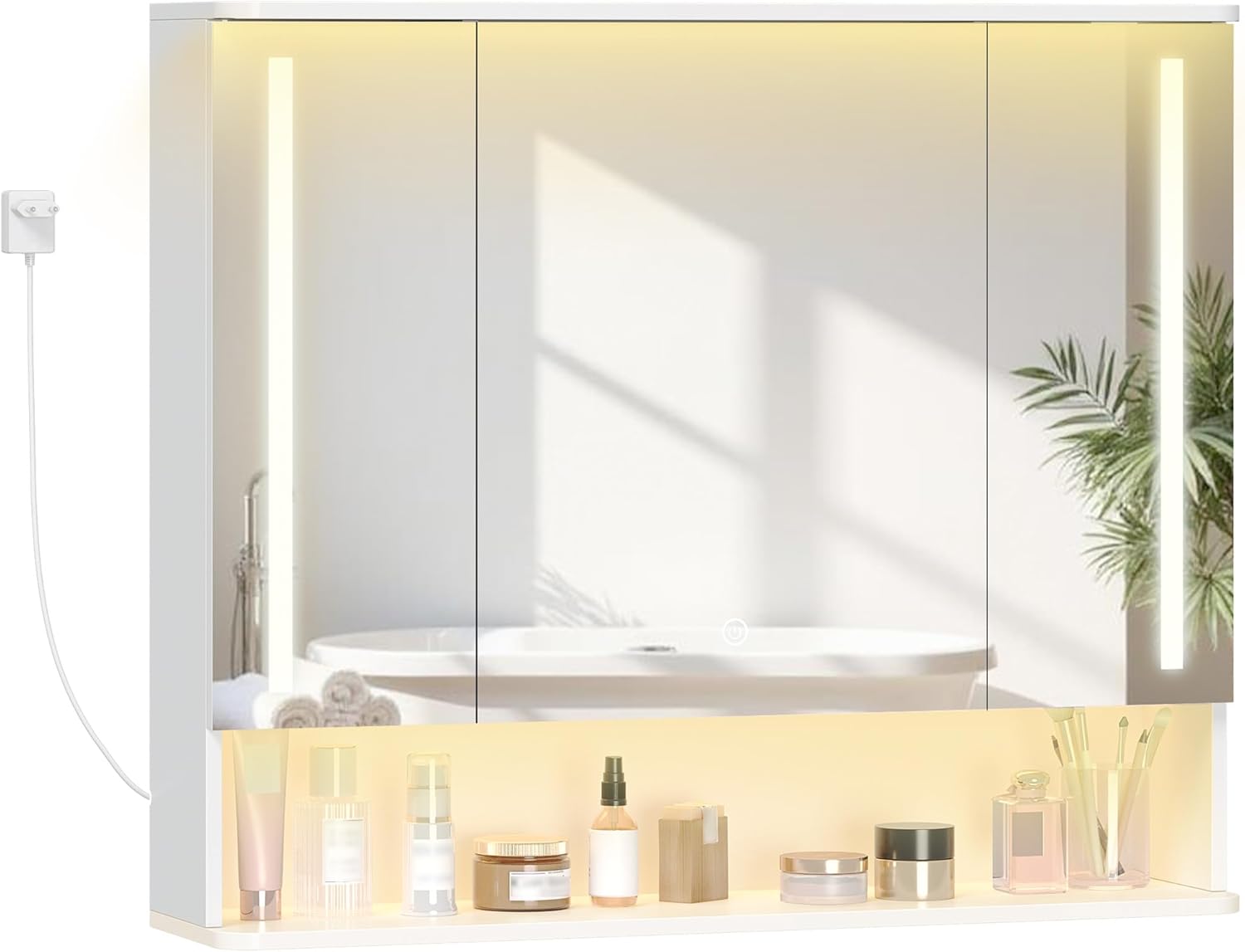 Szafka łazienkowa z lustrem i oświetleniem LED, 3 drzwi, oświetlenie górne i dolne LED, 3 regulowane temperatury barwowe,21 x 90 x 76 cm, biały - 9