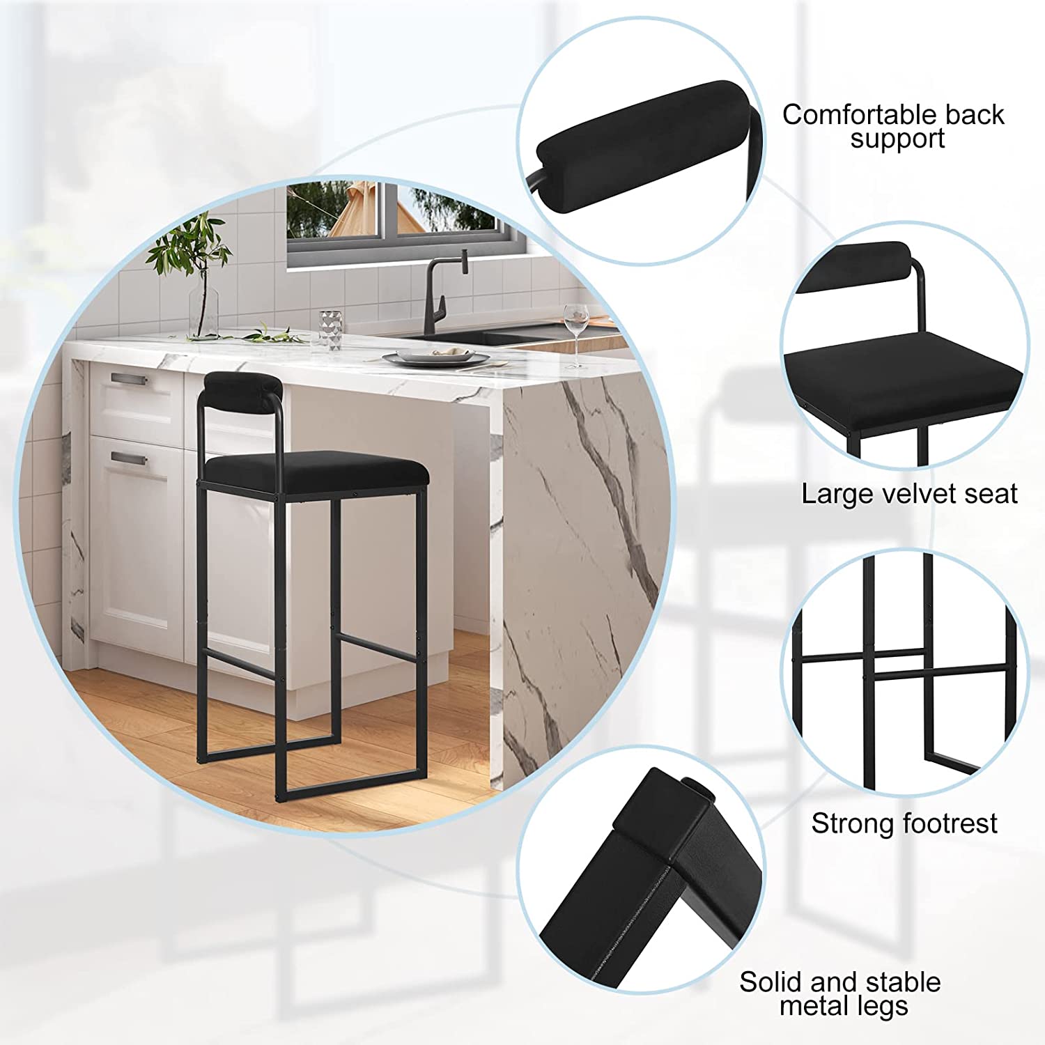 Lot de 2 Tabourets de Bar en Velours et Métal WOLTU, Chaise Haute Bar, Design Moderne, Hauteur du Siège 75cm, Noir - 5