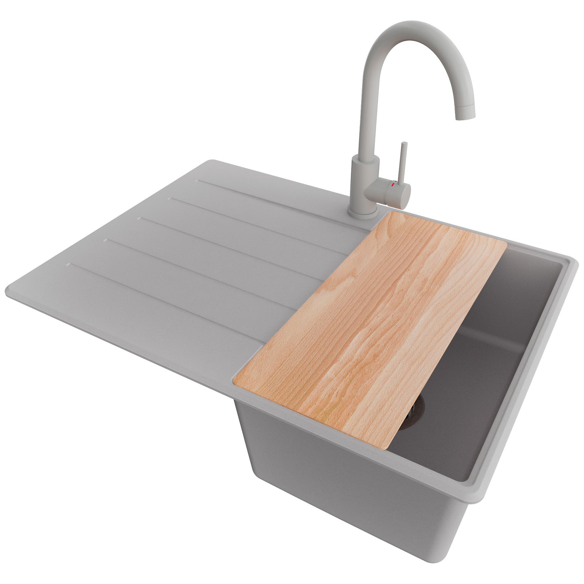 Zlewozmywak Granitowy Szary 70x50cm, Zlew Kuchenny 1 Komorowy + Bateria 32x20cm + Syfon + Deska, Nablatowy do szafki od 40cm - Kopenhaga PRIMAGRAN