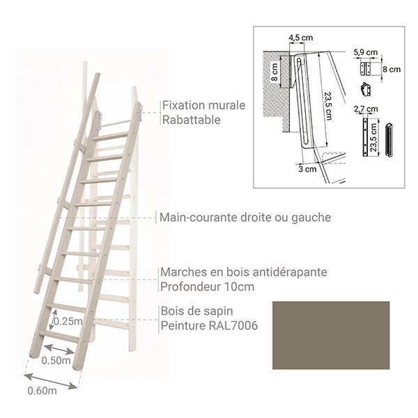 Escalier de meunier: 55cm de large - Hauteur à franchir 3m - Couleur : Beige Gris (RAL 7006) - MSP/R7006 - 3