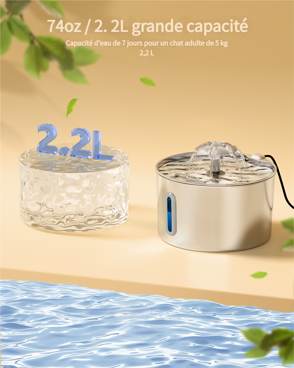 2,2 L Fontaine à eau en acier inoxydable Automatique pour chats, Fontaine à boire super silencieuse pour chats avec filtre, - 4