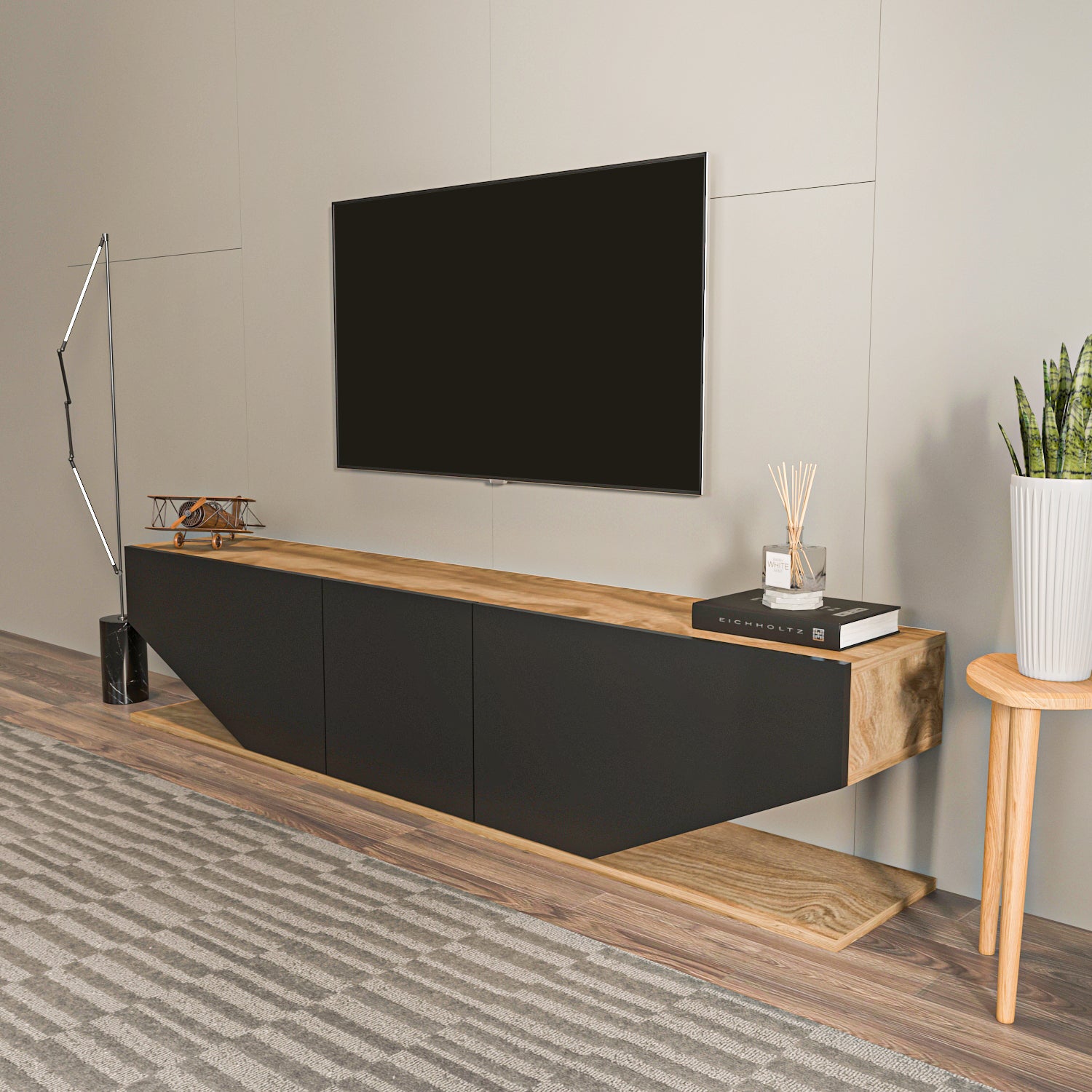 Meuble TV Pearl de 180 cm avec des armoires en style ailes (oud et noir) - 3