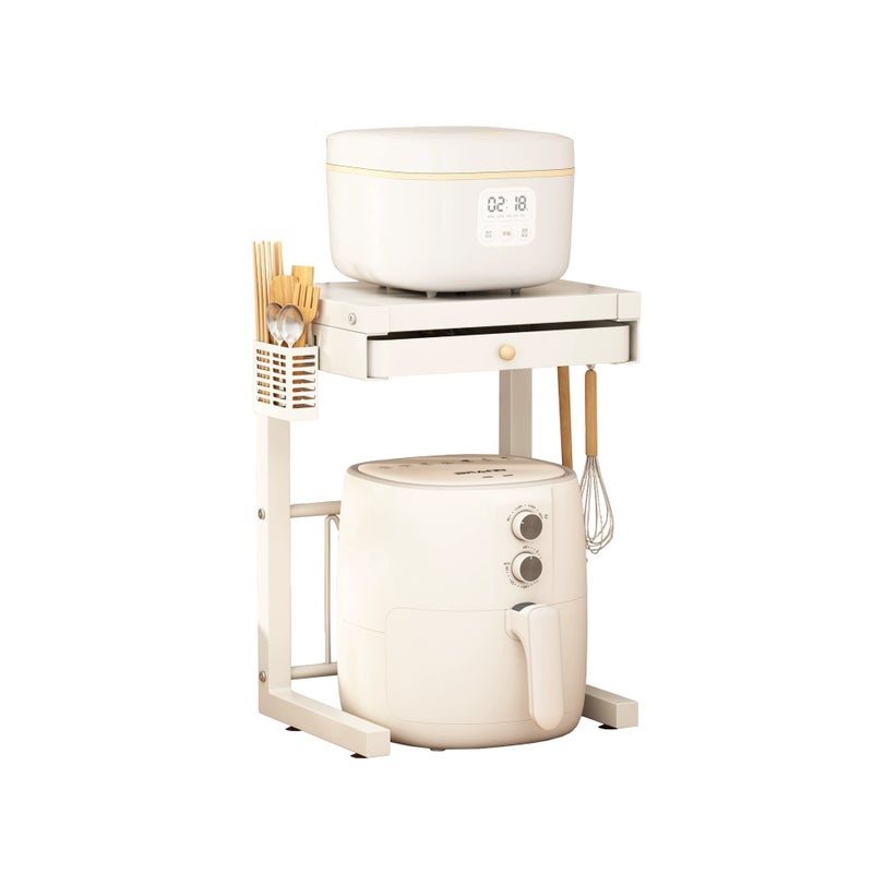 Półka kuchenna, półka do przechowywania sprzętu AGD, dwupoziomowa, z szufladą, tacą na sztućce i 3 haczykami - 47×28×32 cm