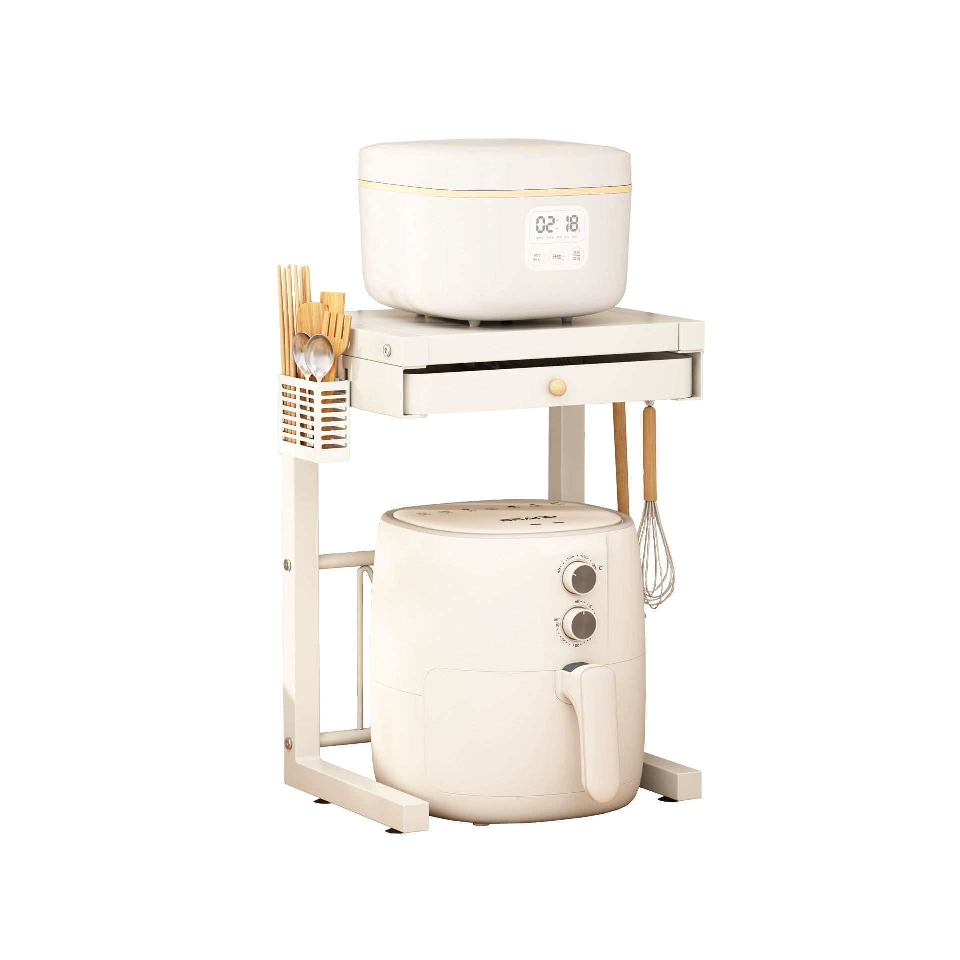 Półka kuchenna, półka do przechowywania sprzętu AGD, dwupoziomowa, z szufladą, tacą na sztućce i 3 haczykami - 47×28×32 cm