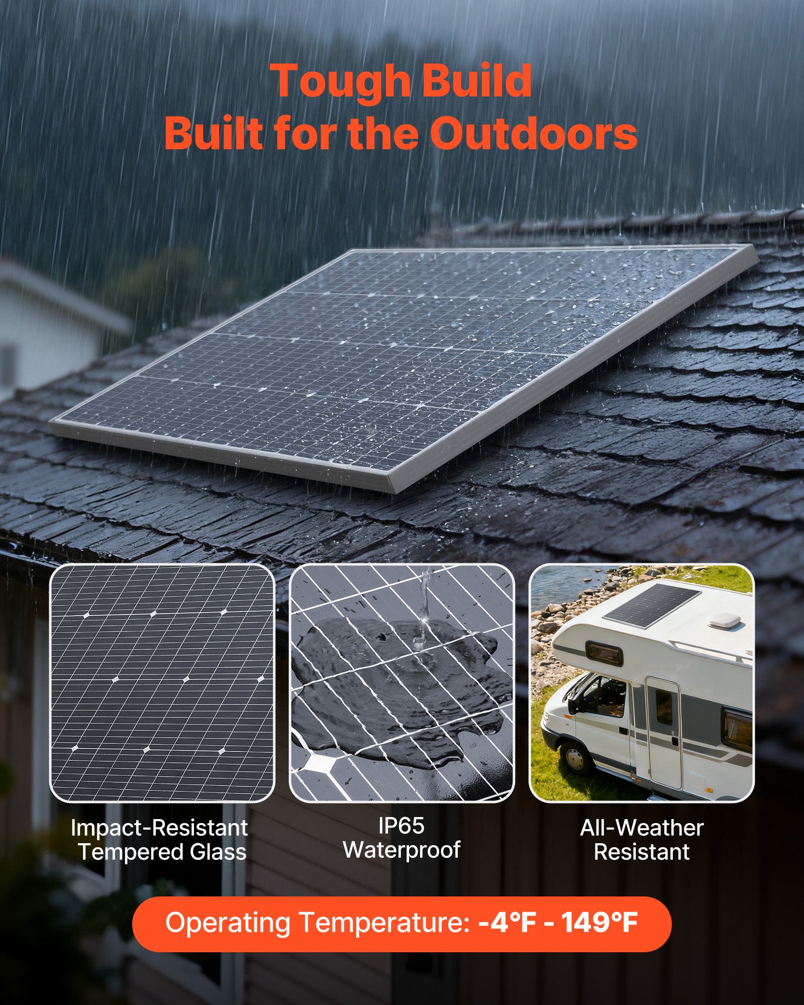 Panneau Solaire Monocristallin VEVOR 100 W, 4 PCS, Rendement 23 % pour Hors Réseau Toit Plat Voiture Bateau Camping-car, Cadre Aluminium, Étanche IP65 - 5