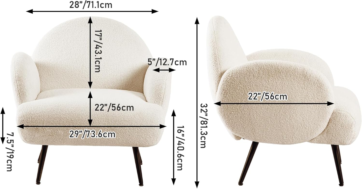 Fauteuil Moderne Décontracté avec Pieds en Métal Noir et Dossier Fauteuil Simple Confortable pour Salon/Chambre/Club, Blanc - 2