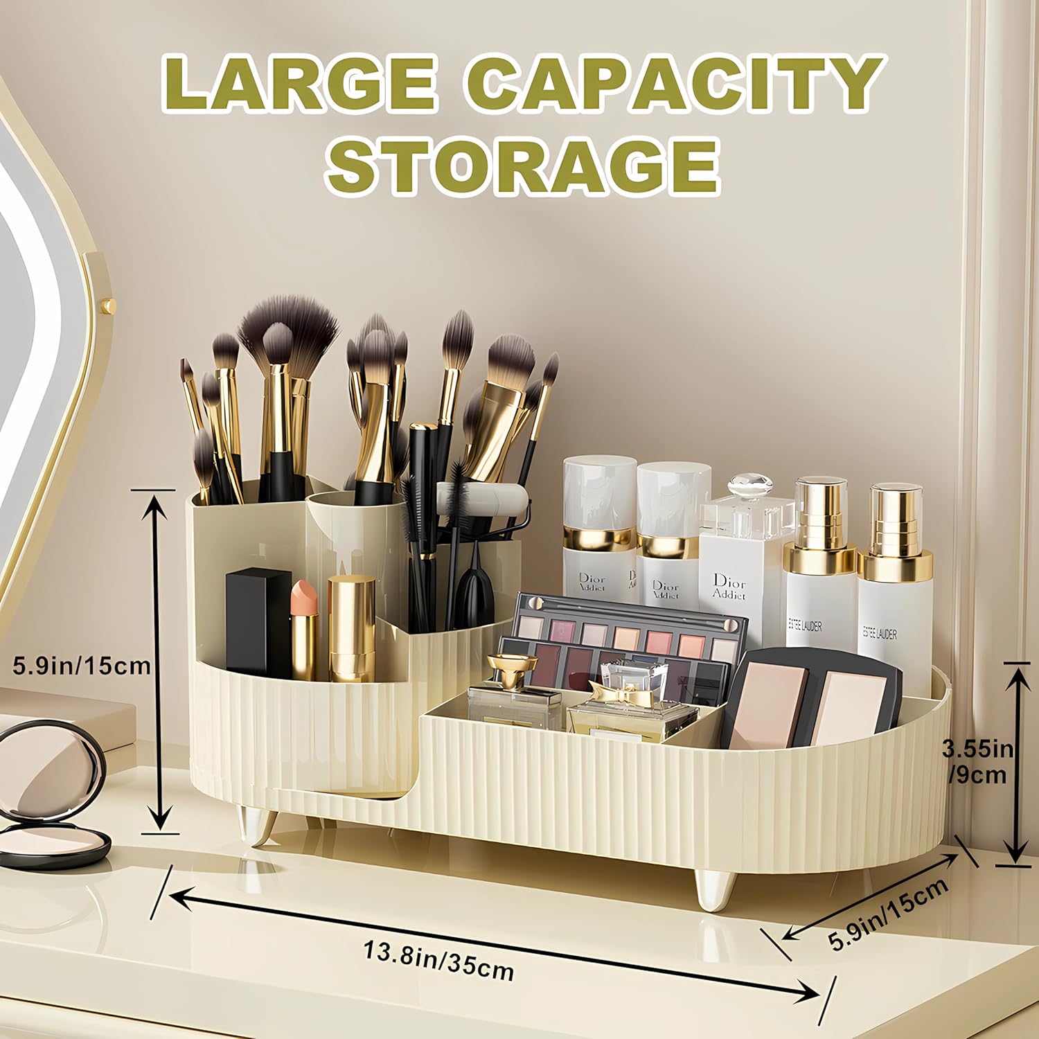 Rangement Maquillage Rotatif et Compartiments 2 en 1, Pot a Pinceaux Maquillage, 360 Degrés Organisateur Maquillage pour Chambre, - 3