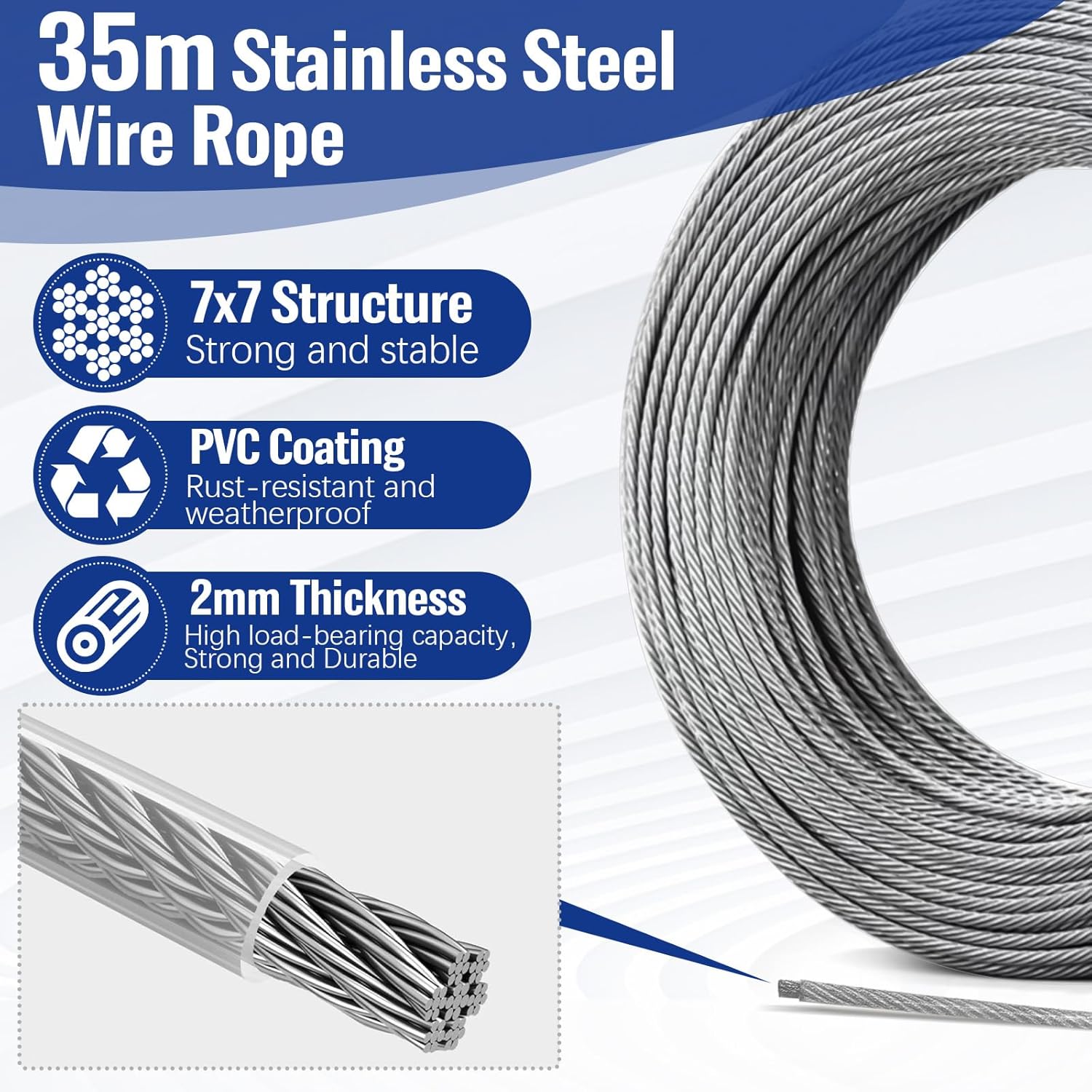 Fune Metallica in Acciaio inox 50m,Set Di Sospensione Per Cavi In Acciaio Inossidabile,304 Cavetto in Acciaio inossidabile,M5 Tenditore,Filo Stendibiancheria per Esterno,Clip per Fune, Appendere Lamp