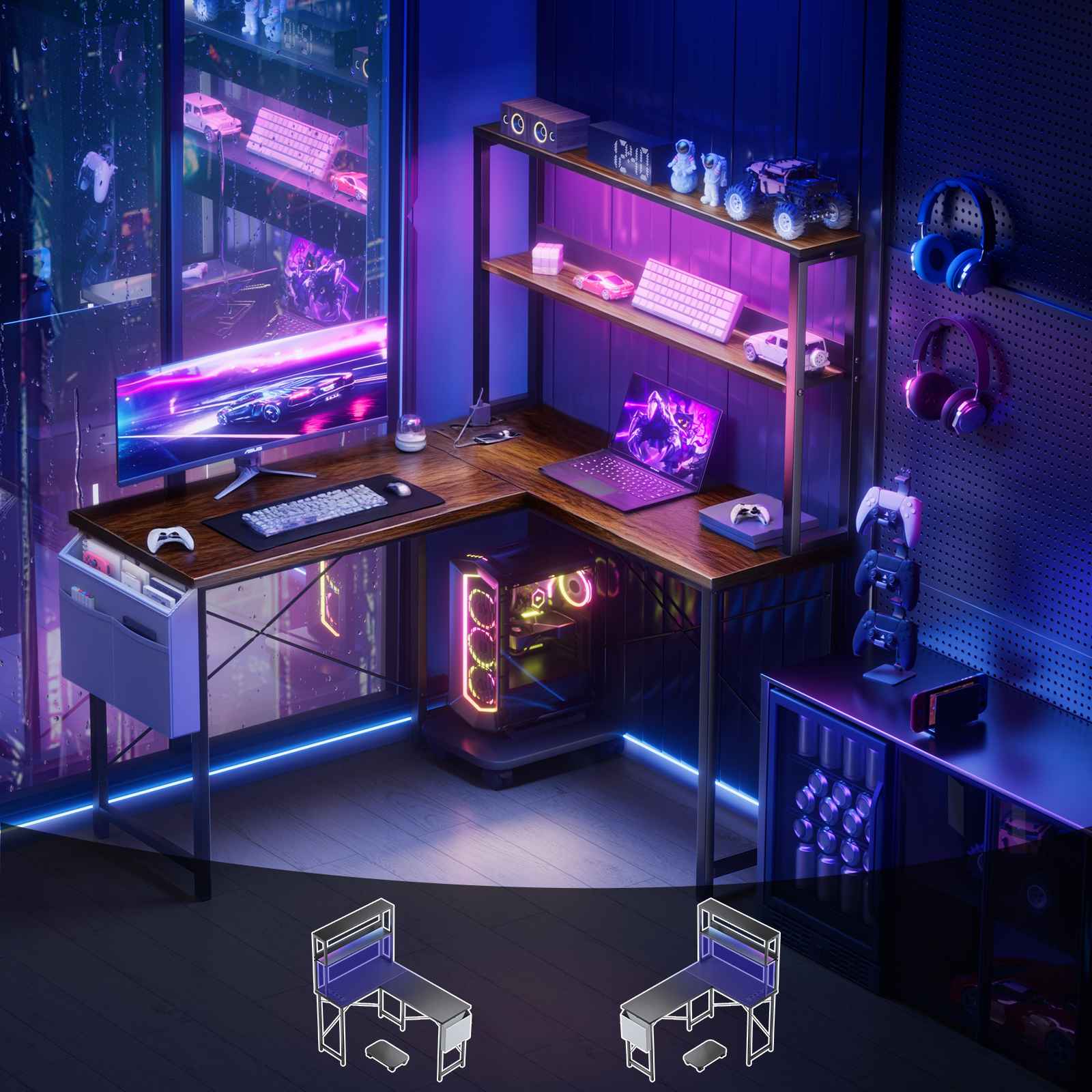 Bureau Gaming L-Forme 148cm avec LED, 3 Prises AC + 2 Ports USB, Étagères à Double Niveau, Réversible - 3