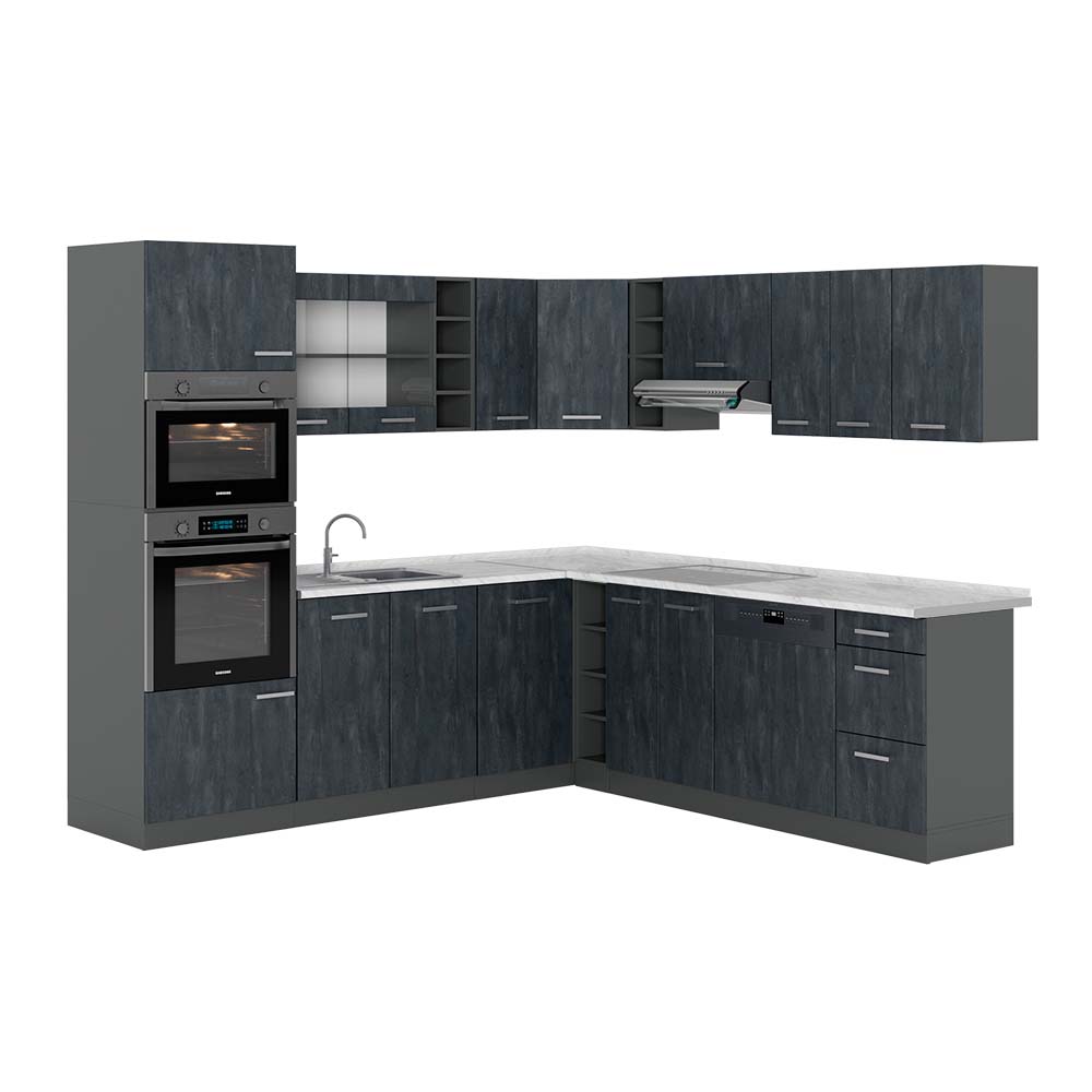 Vicco Kuchnia narożna R-Line, Czarny beton/antracyt, 247 x 60 cm BP Marmur
