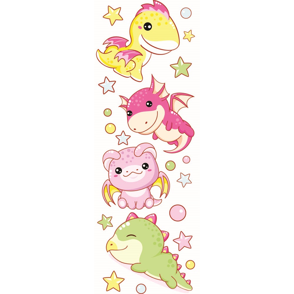 Sticker adesivi murali, Draghi per bambini e bambini multicolori a stella su uno sfondo bianco, 68 cm x 24 cm - 2
