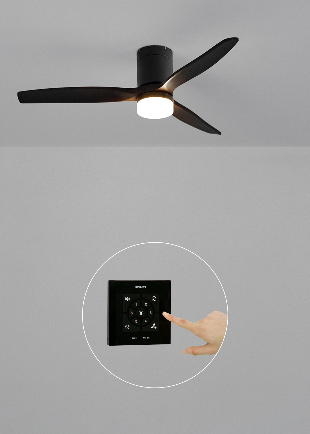 CREATE - WIND CALM M - Ventilateur de plafond silencieux 40W avec pales techniques en ABS Ø132cm avec eclaraige avec contrôleur mural - 4