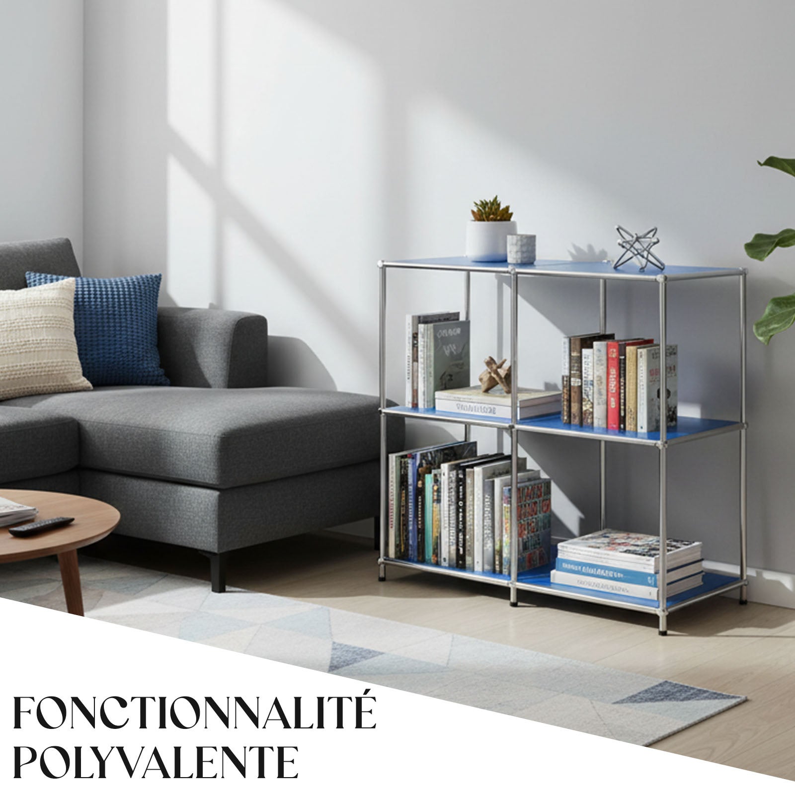 Étagère métal chromé design épuré, Concept Epuré MK-027 : 3 étages, 78 x 40 x 82 cm, Bleu - 6