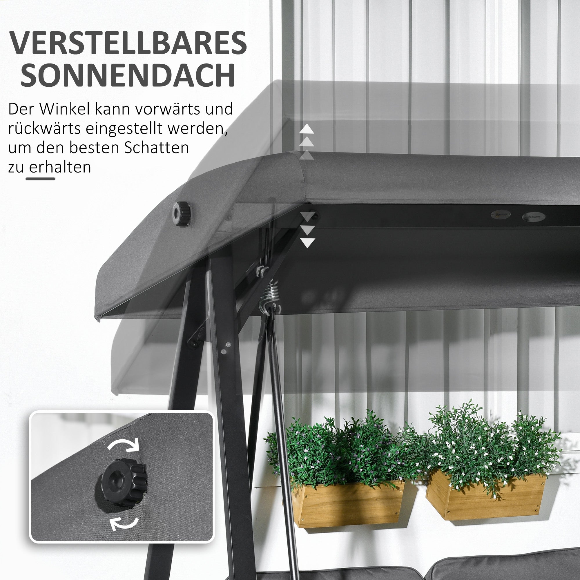 Balançoire Hollywood, balancelle de jardin 2 places avec auvent réglable, charge maximale 220 kg, 145 x 116 x 172 cm, gris foncé - 6