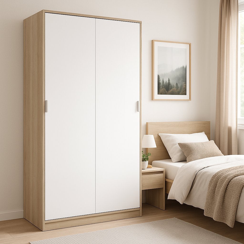 Guardaroba 2 ante Waterbury, Armadio per camera da letto, Mobile con 4 ripiani e barra appendiabiti, 120x50h200 cm, Rovere e Bianco - 7