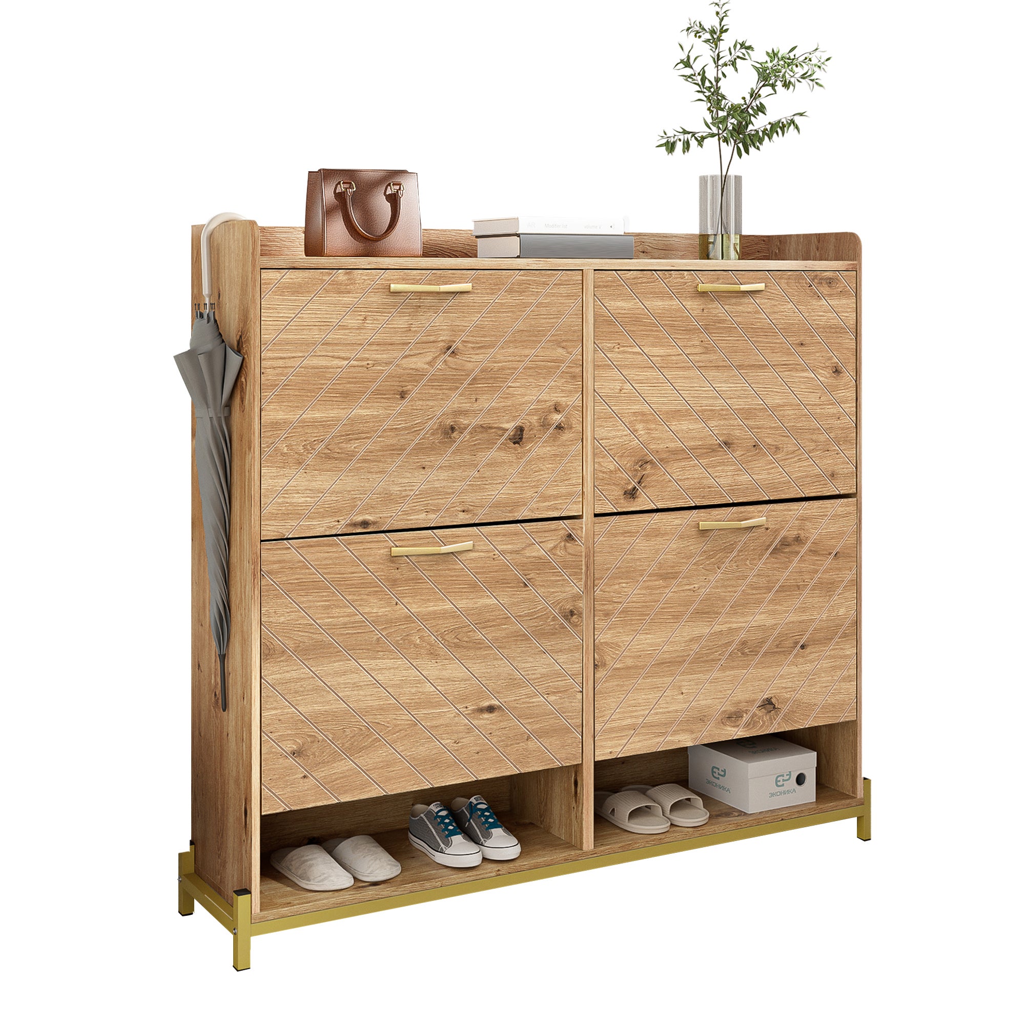 Meuble à chaussures avec 4 portes et 2 compartiments - 105 x 24 x 100 cm - Bois MDF - Coloris bois - 5