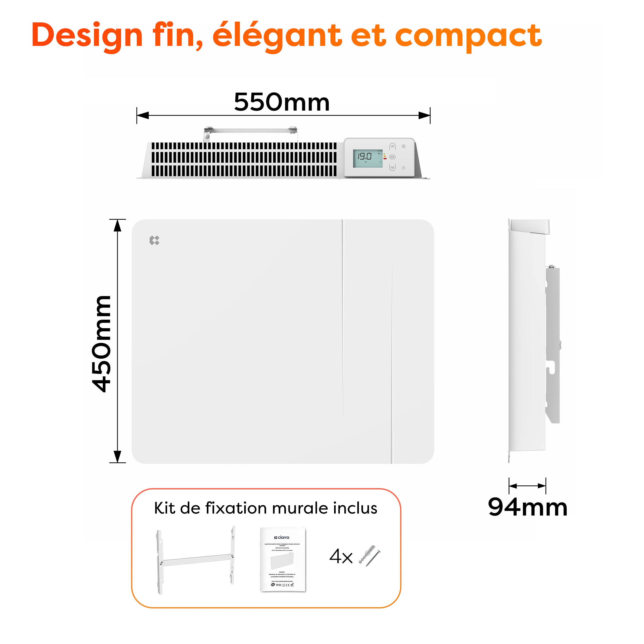 CIARRA Radiateur connecté à inertie sèche céramique 1000W Double coeur de chauffe Programmable 5 Modes Silencieux Blanc mat CDHTD10A-W - 9