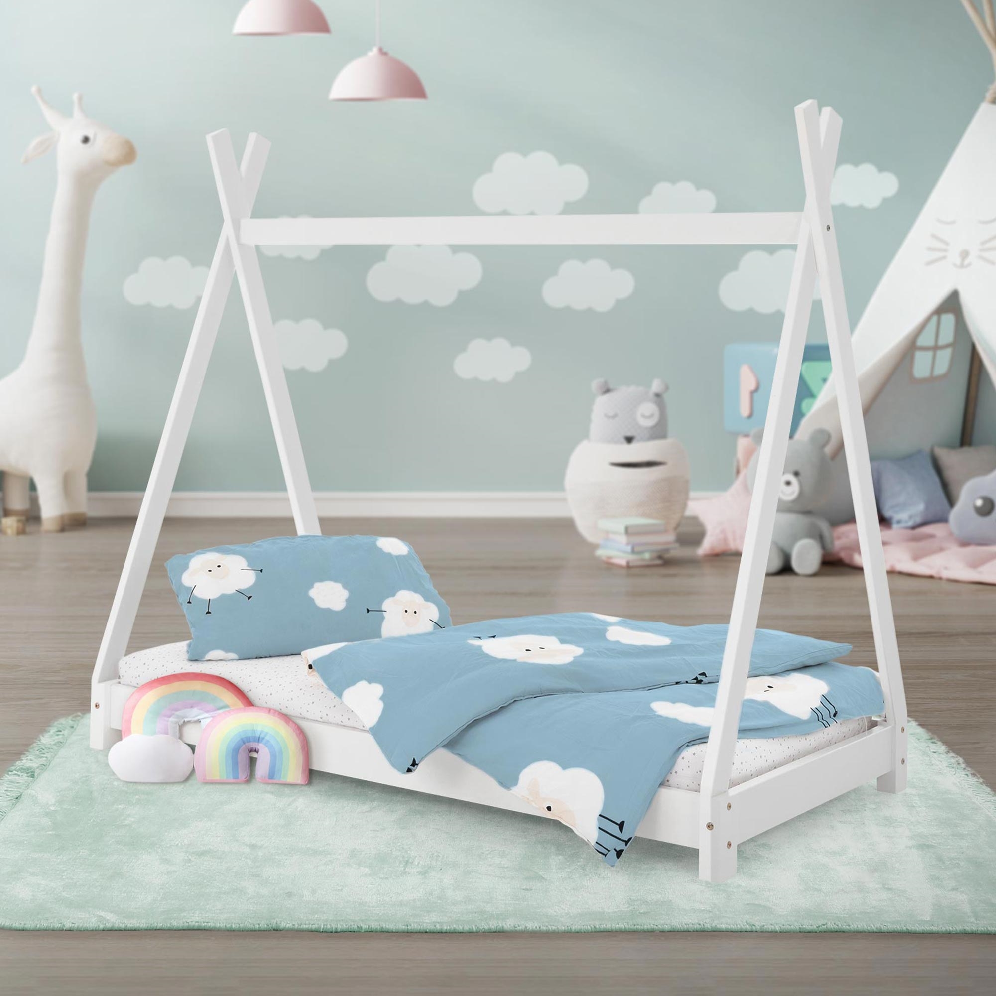 ML-Design łóżko tipi 70x140 cm biały z ramą listwową w stylu indianskim wykonane z drewna sosnowego dla chłopców i dziewczynek łóżko młodzieżowe