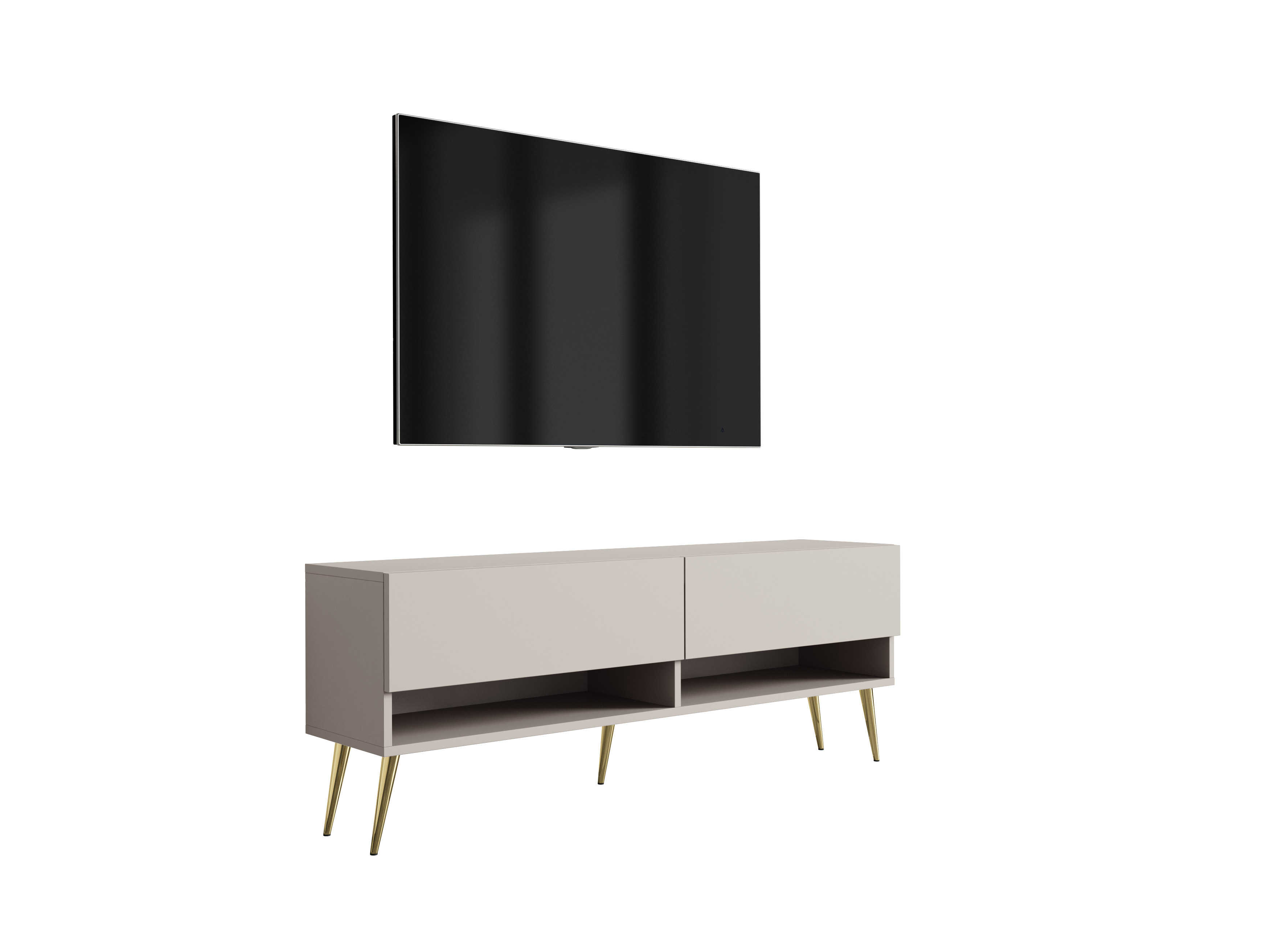 Szafka RTV : 140 cm Kaszmir, nóżki pochyłe złote, 140 × 32 × 52 cm