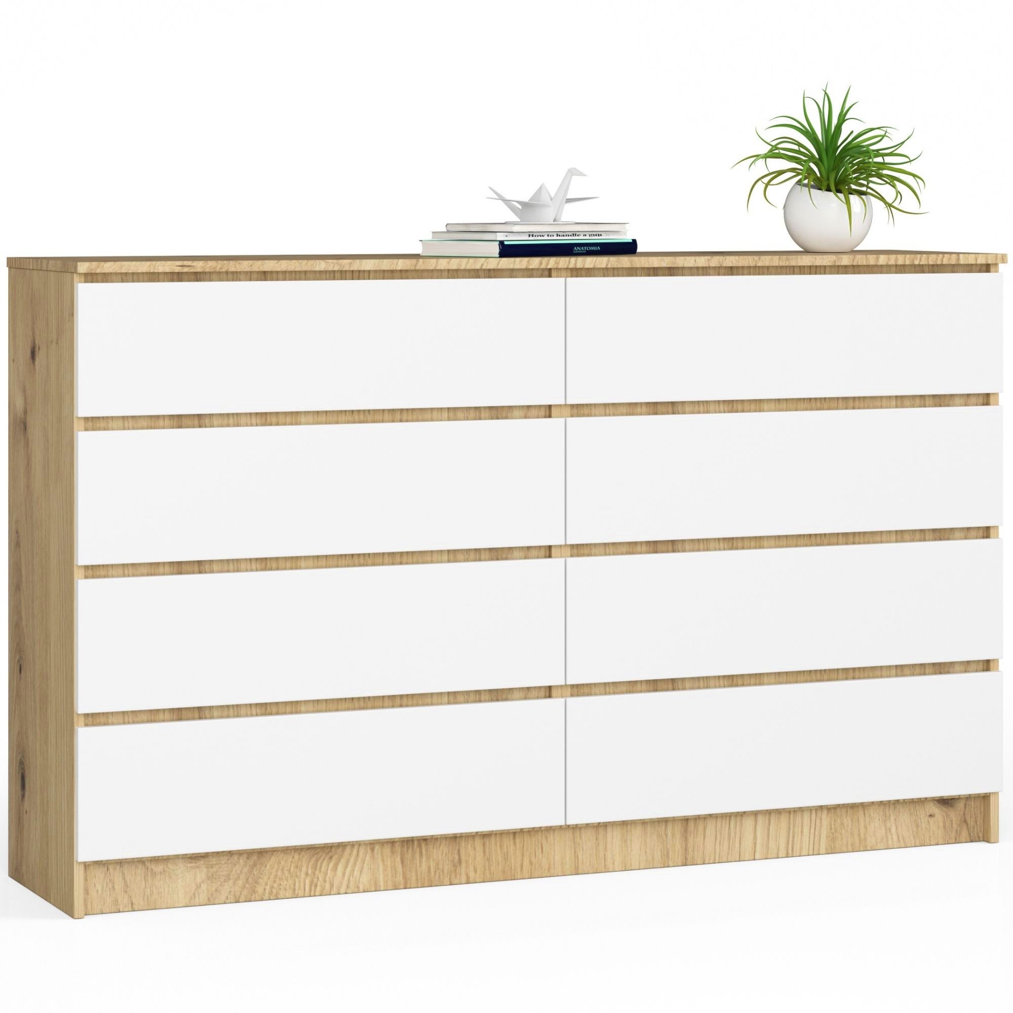 Komoda AKORD K160 Dąb Artisan 160 cm 8 szuflad kolor Biały mat 160x40x99 cm