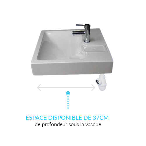 Lavabo gain de place salle de bain Gpm Mini - Siphon déporté à l'arrière pour installer une machine à laver en-dessous - 37cm de profondeur disponible - 5