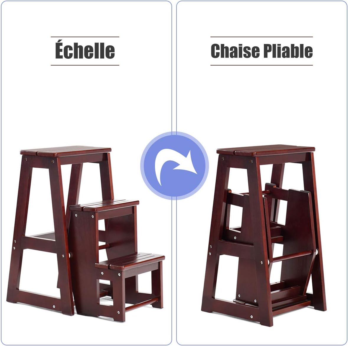 Tabouret d'Echelle 3 Marches Tabouret d’Escabeau Pliable 3 Etages, 57 x 39 x 65 CM, Fait en Bois de Pin (Brun) - 3